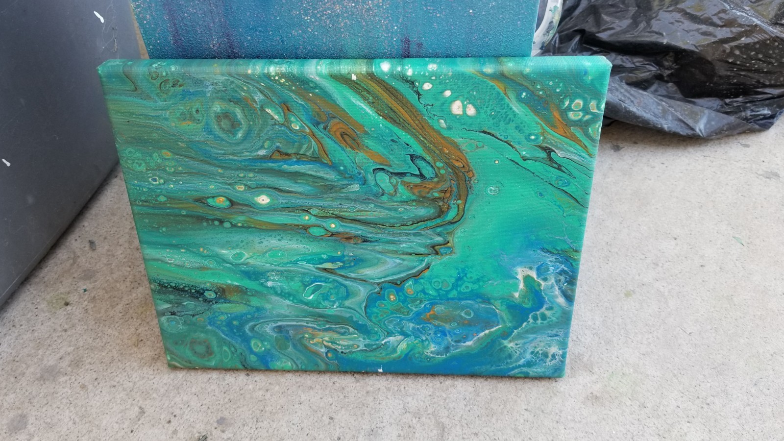 Original Acrylic Paint Pour Painting on Canvas – Orange, Black, Turquoise Blue