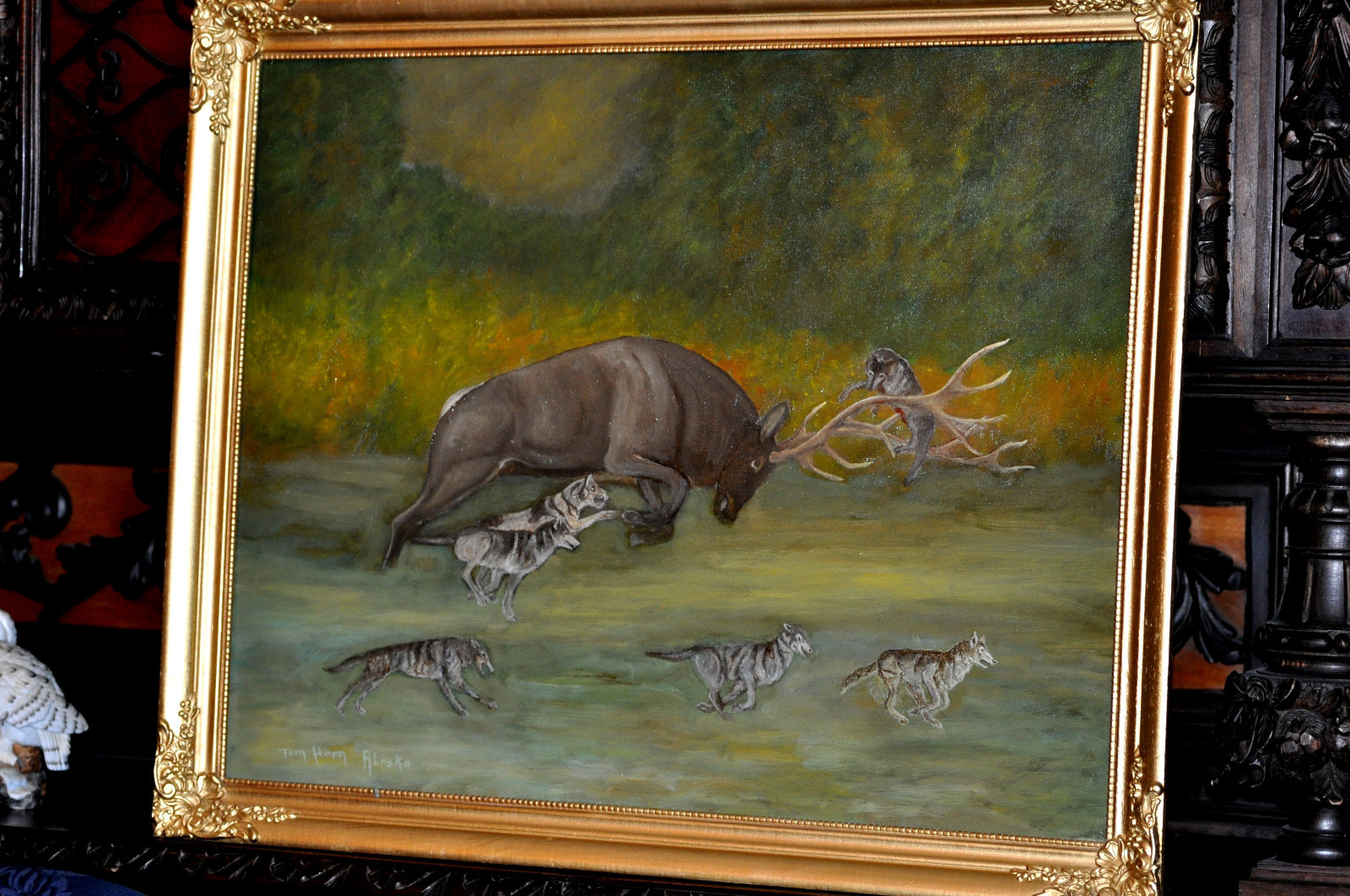 Large Americana Wolves attacking Elk Oil Painting