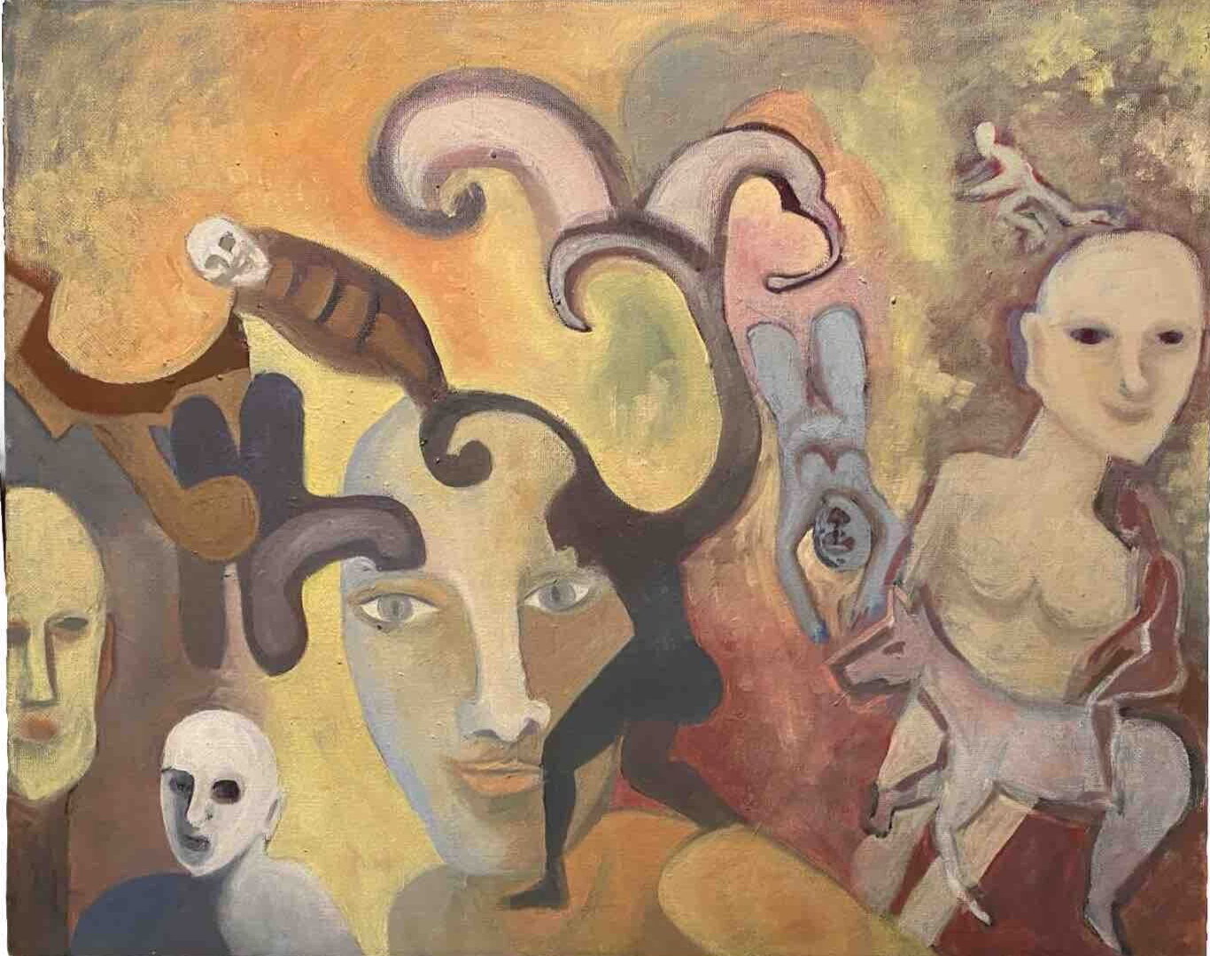 VINTAGE ABSTRACT MODERNIST SURREAL OUTSIDER NUDE FIGURE PORTRAIT STUDY PAINTING