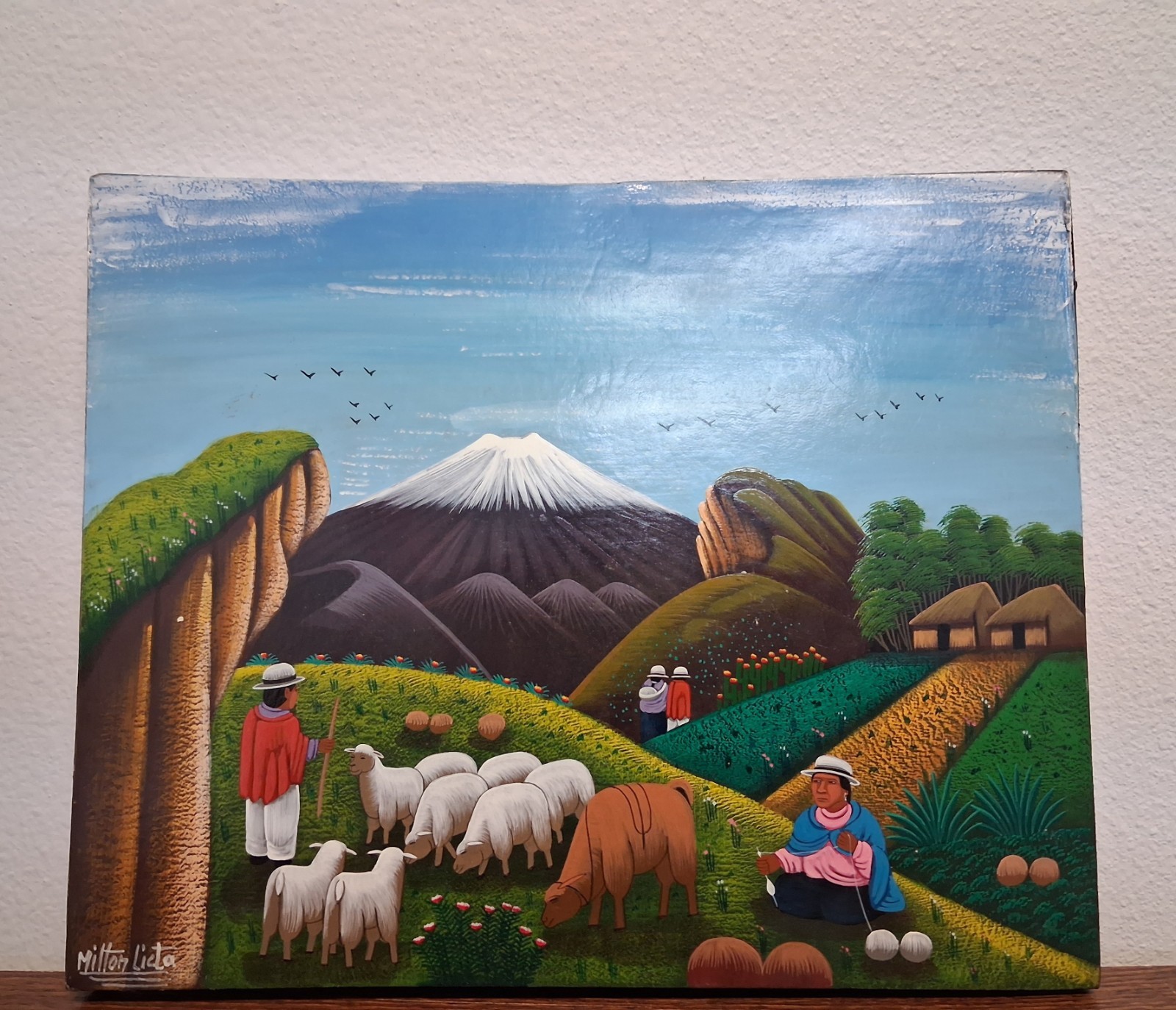 Large Handpainted Ecuadorian Tigua Folk Art On Stretched Sheepskin Set Of 3