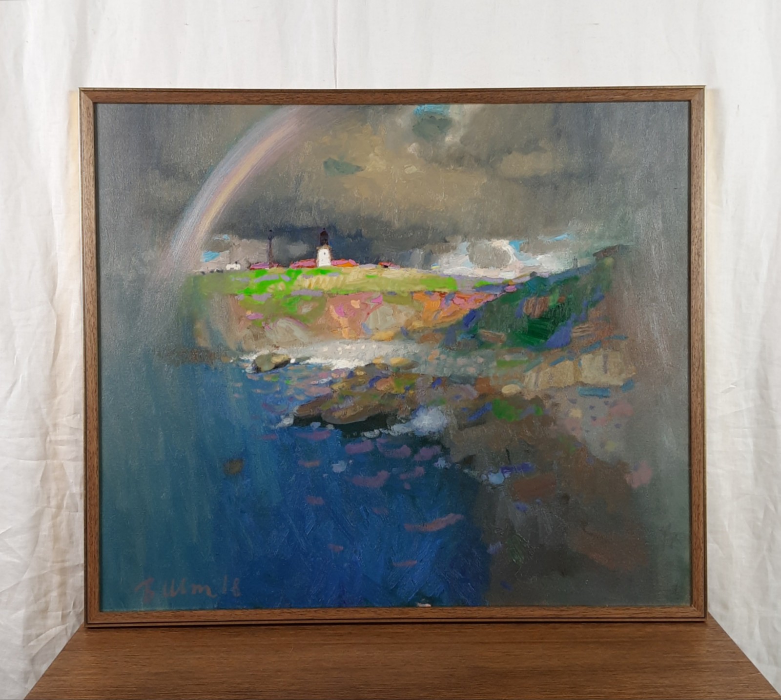 Lighthouse Oil Painting, Rainbow Coastal Landscape, Ukrainian artist Vinnyk