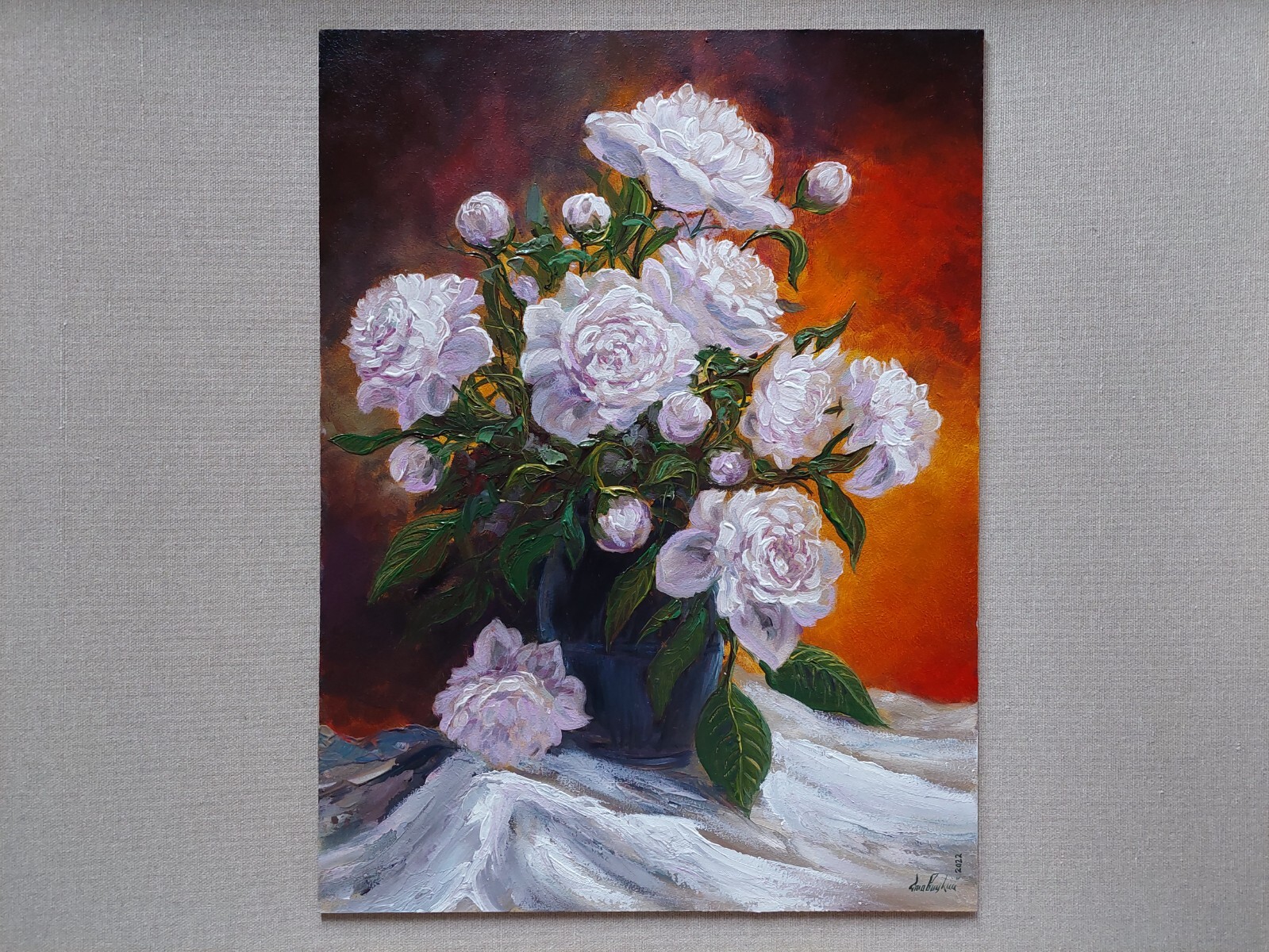 Blossoming bouquet of pink peonies oil painting / Blossom tender flowers wow art