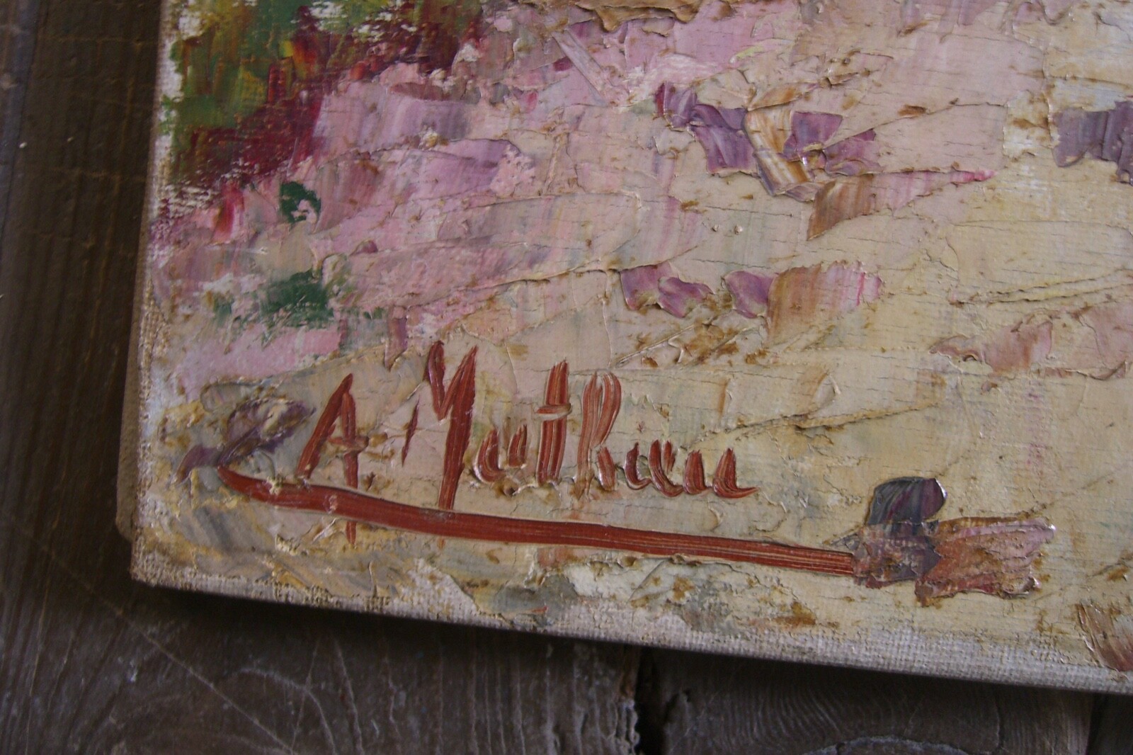 A. MATHIEU Oil on Canvas River Landscape with Bridge Signed 40 cm x 32 cm Used