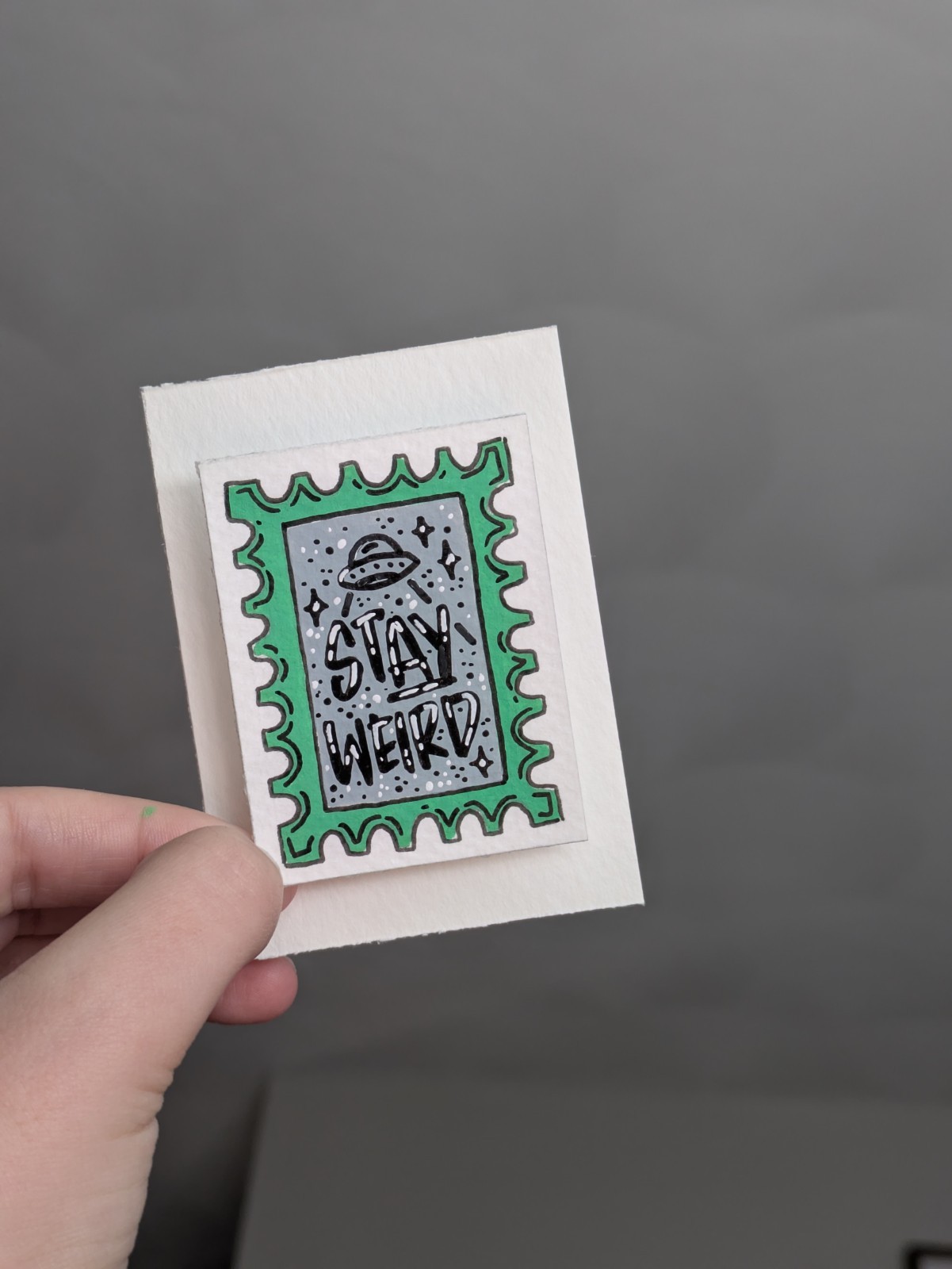 MINI ACEO Art Card, 2×2.5, Stay Weird UFO, Alien, Space, Stamp Style By TS.EG