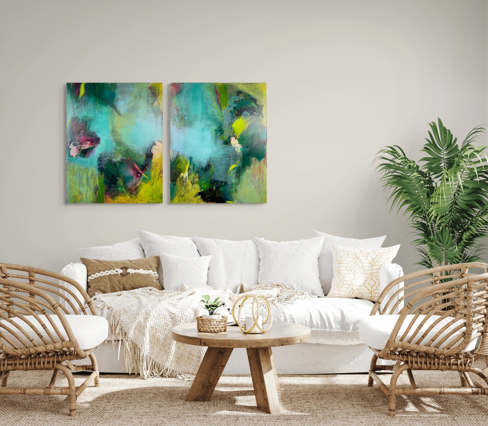 Original Signed Abstract Diptych Pamela Gene Miller Calm Series Acrylic Art
