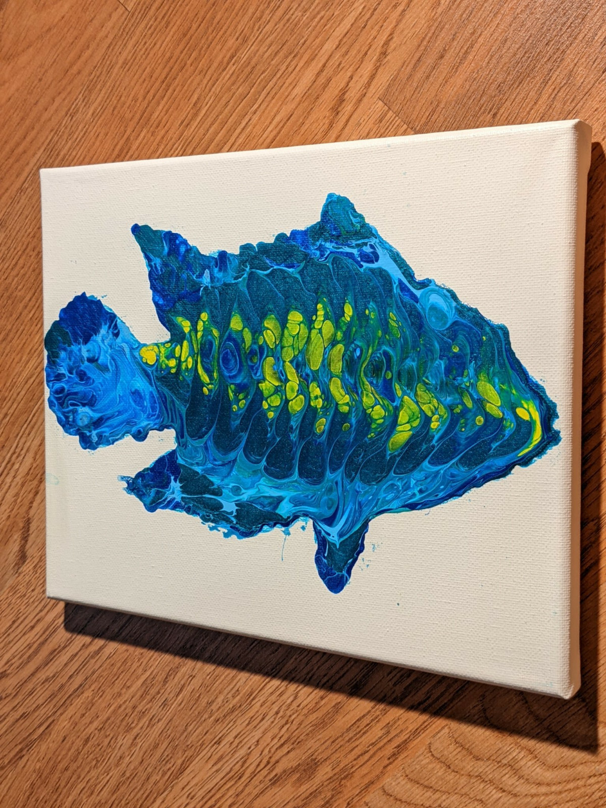 Original Acrylic Fluid Pour Art of Fish, 8×10 Stretched Canvas,Title Blue Damsel