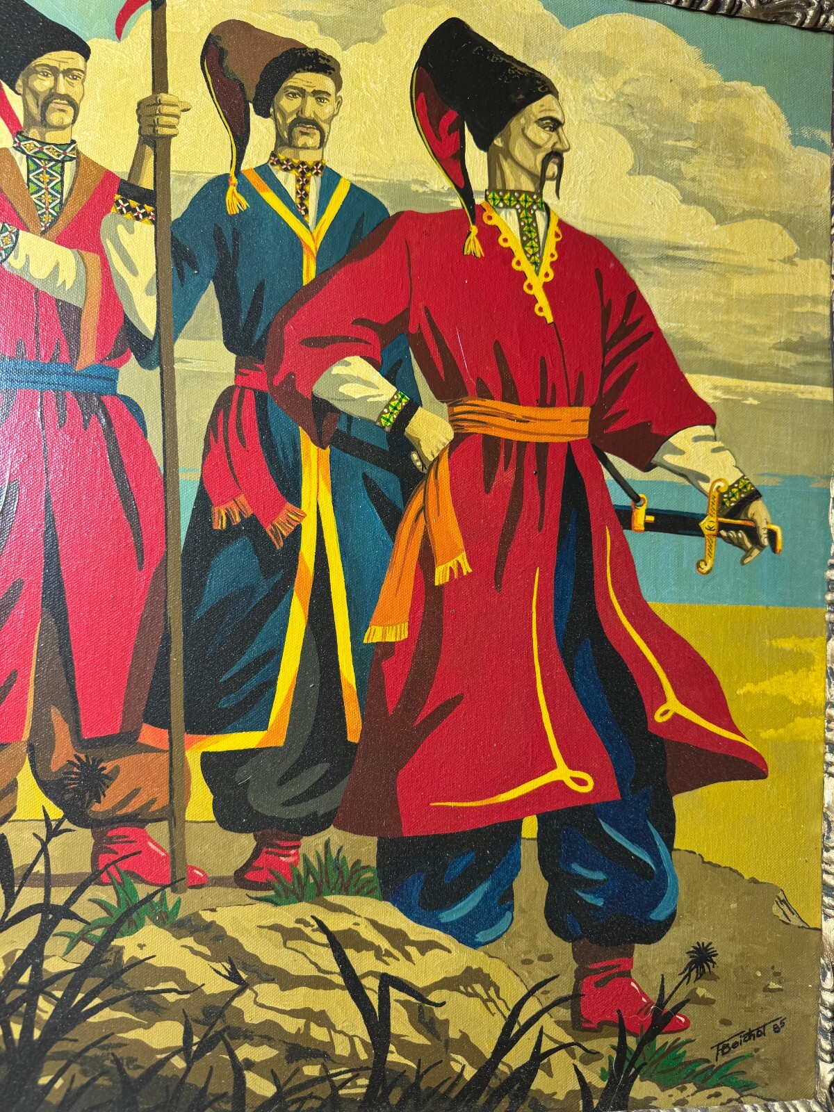F Beichot? 1985 «Three Russian Men Scene» Oil Painting – Signed And Framed