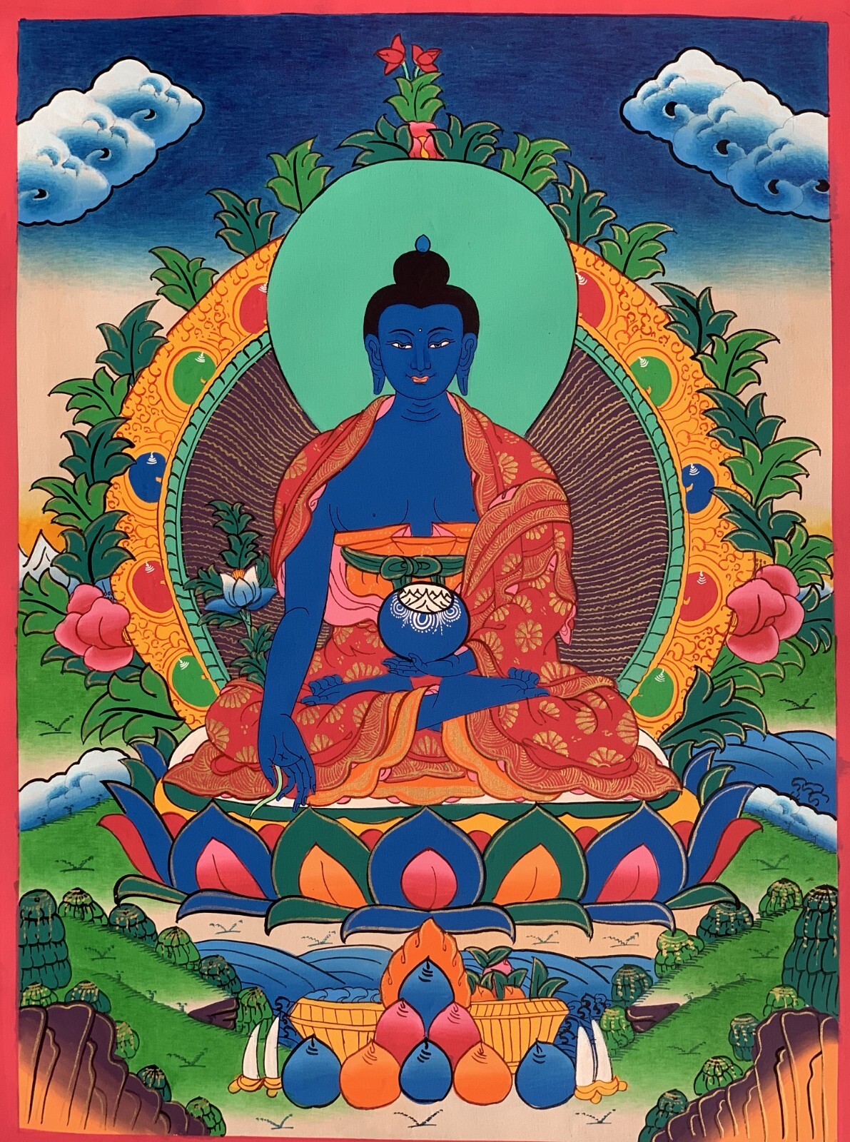 ORIGINAL HAND-PAINTED MEDICINE BUDDHA/ BHAISAJYAGURU TIBETAN THANGKA PAINTING