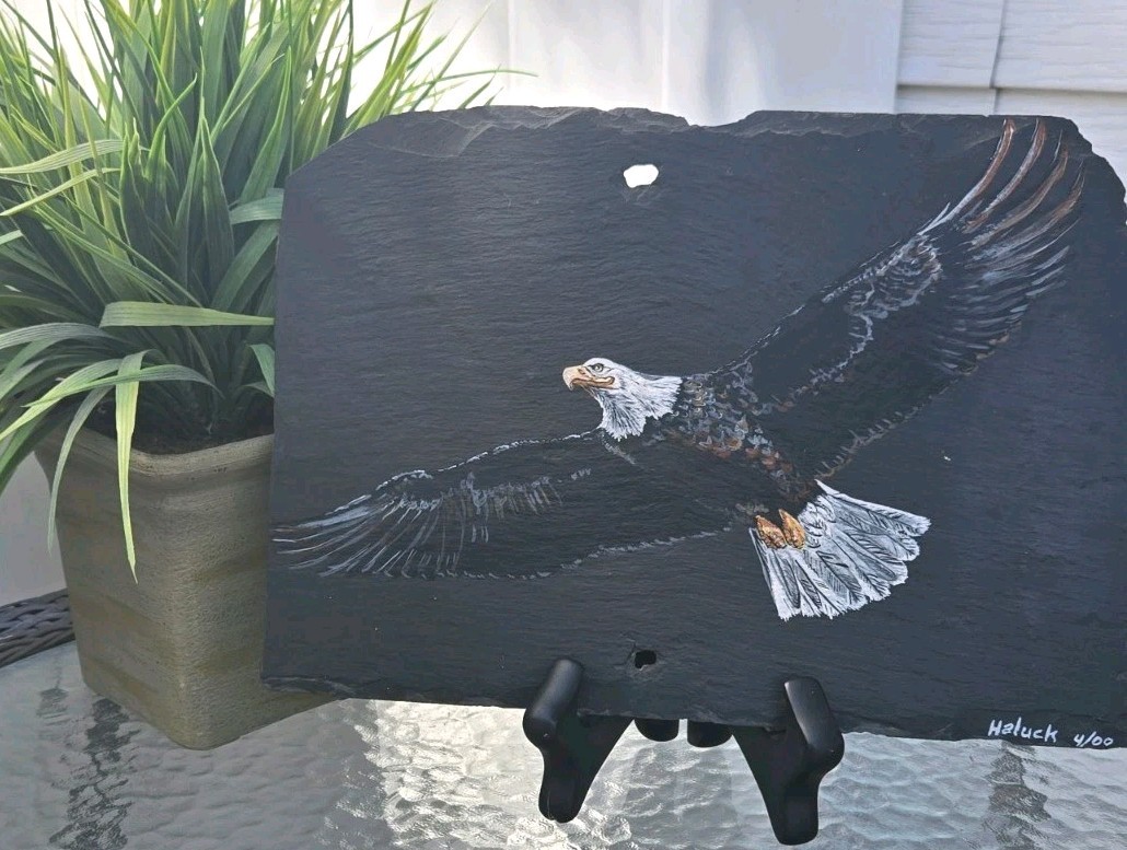2000 Vintage Hand painted Eagle In Flight Natural Slate Art Signed by Artist