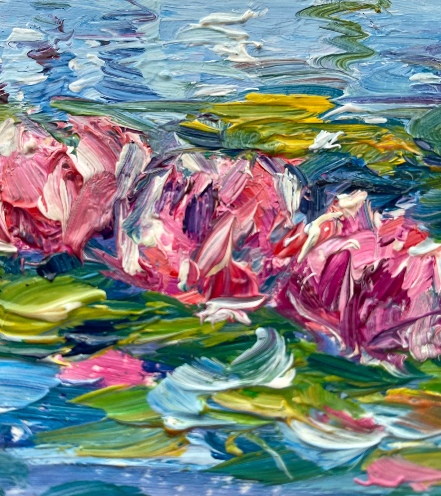 ACEO Original Oil Painting Pink Lotuses Art Cards Impasto 3.5×2.5 Signed OS