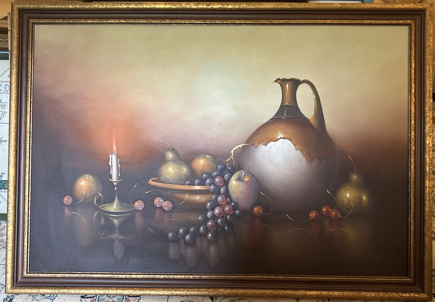 Very Lrg Vintage C. John Wallace Still Life Painted Fruit Pitcher Candle Signed