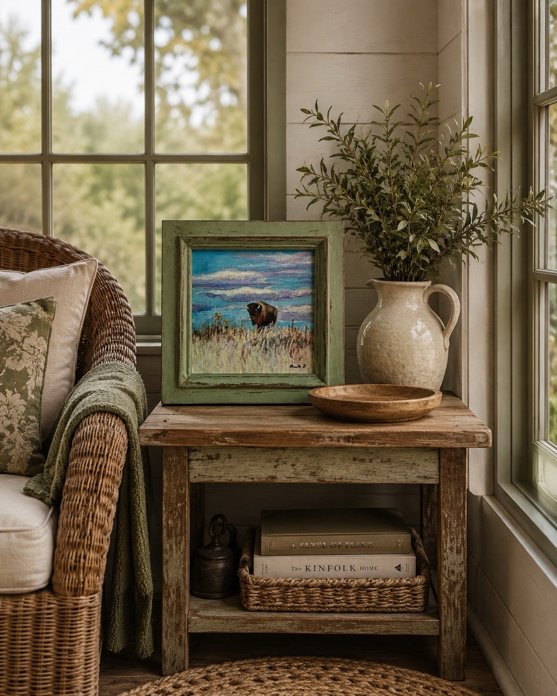 Buffalo Prairie Landscape Original Painting Framed Mini Western Art
