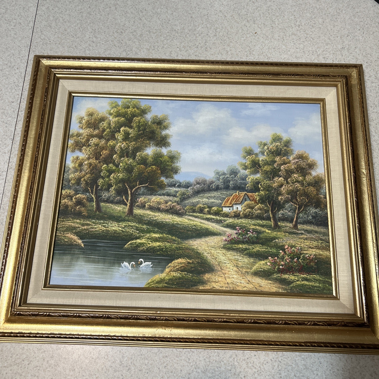 Vintage P. Wilson Signed Oil Painting Country Cottage Summer Pond Framed 21”x17”
