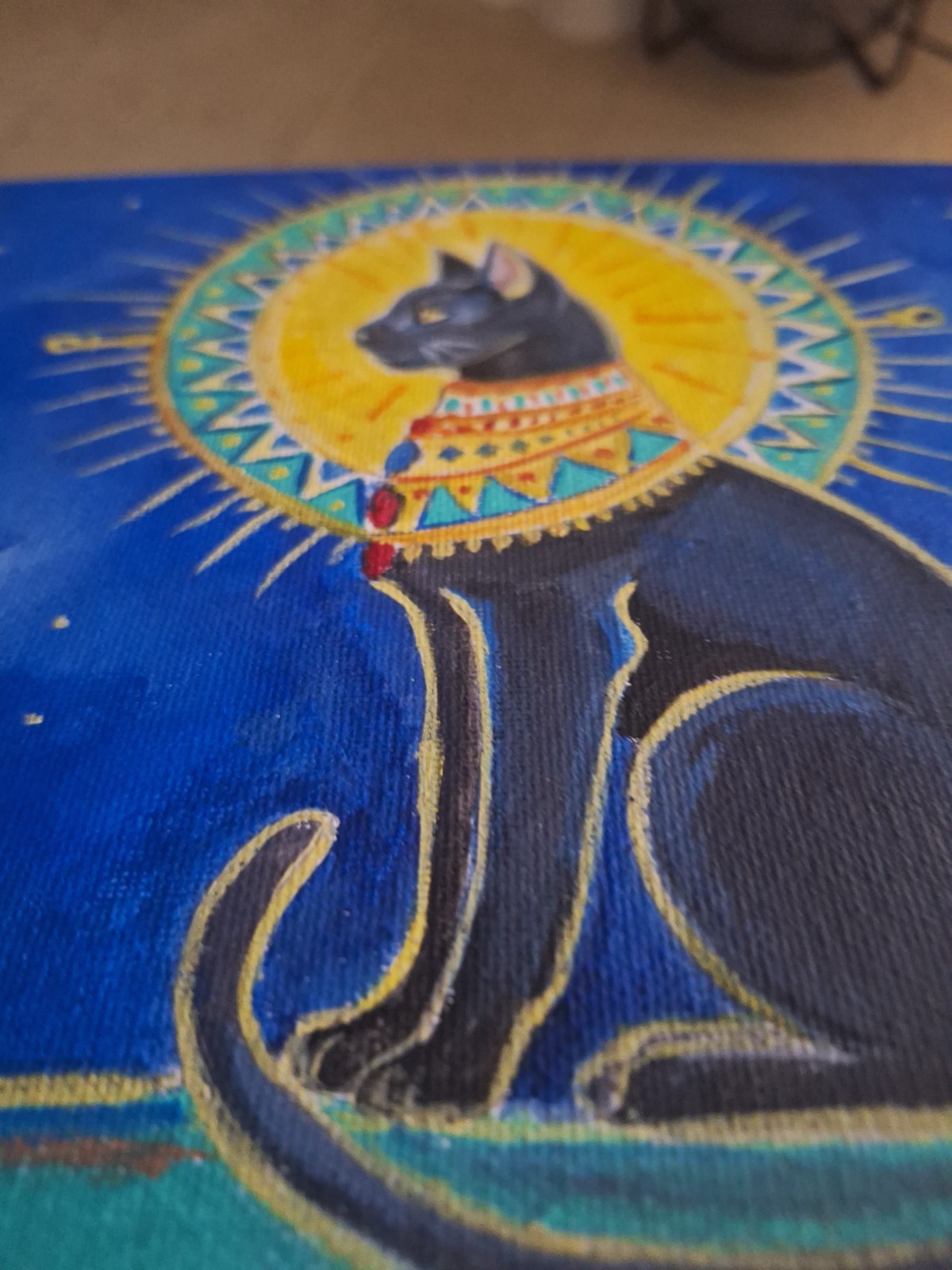 Orginal Signed 8×10 Expressionist Egptian Cat Acrylic Canvas Art Blue Decor