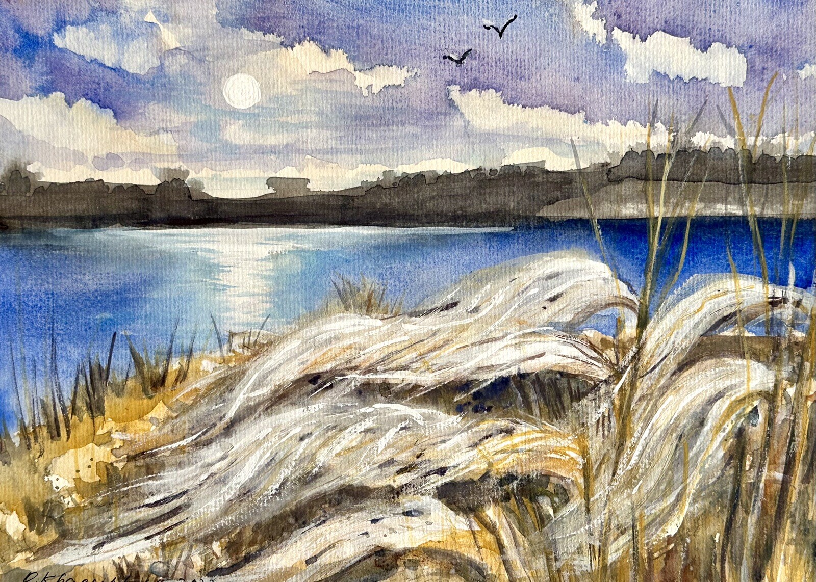 Original watercolour Spring landscape with trees and river reflection of clouds