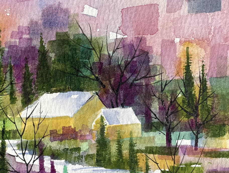 5”X 7” Original Watercolor Pamela Wilhelm Colorful Mosaic Look Yellow House Tree