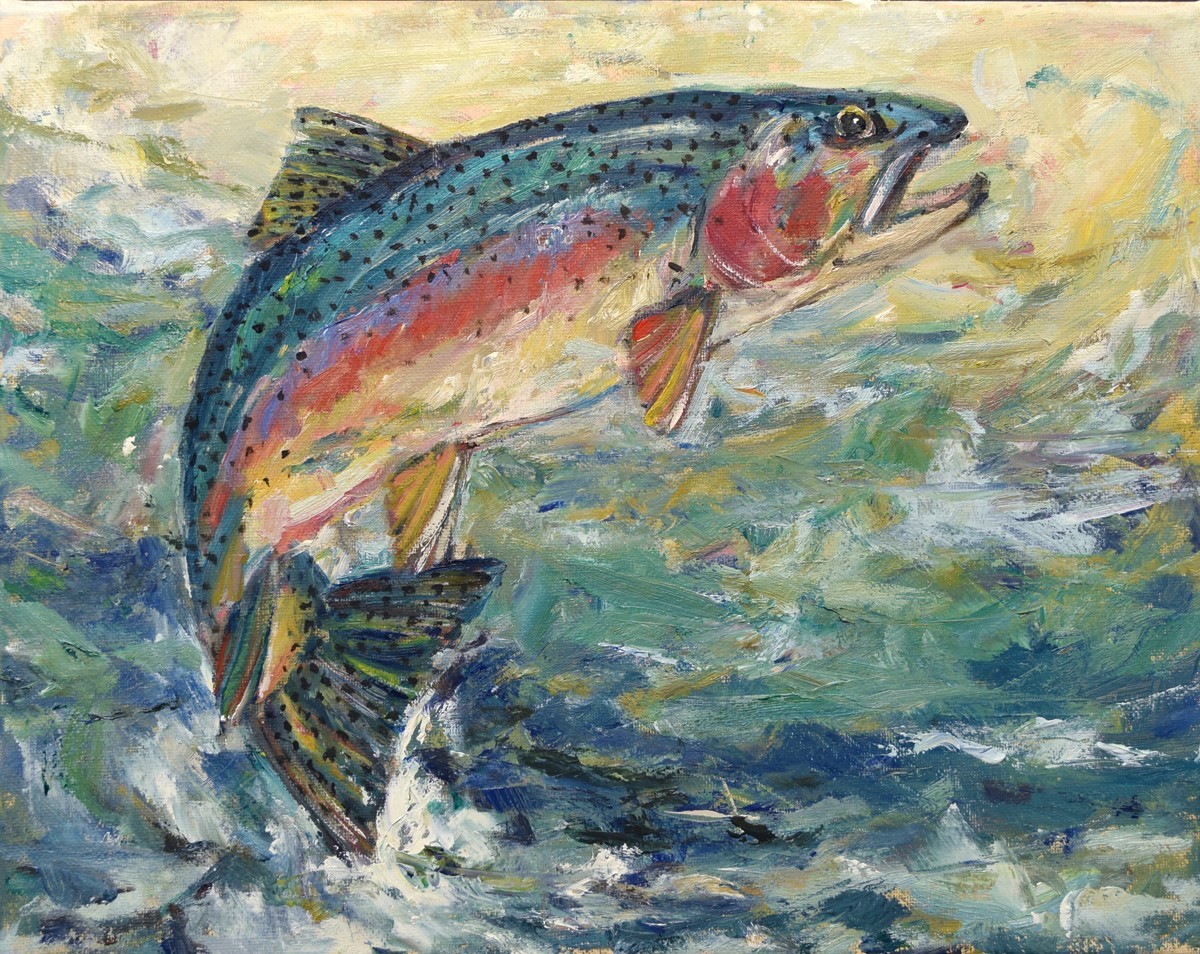 Art Original Oil Painting by RM Mortensen «Rainbow Trout» Fish Outdoors 11″x 14″
