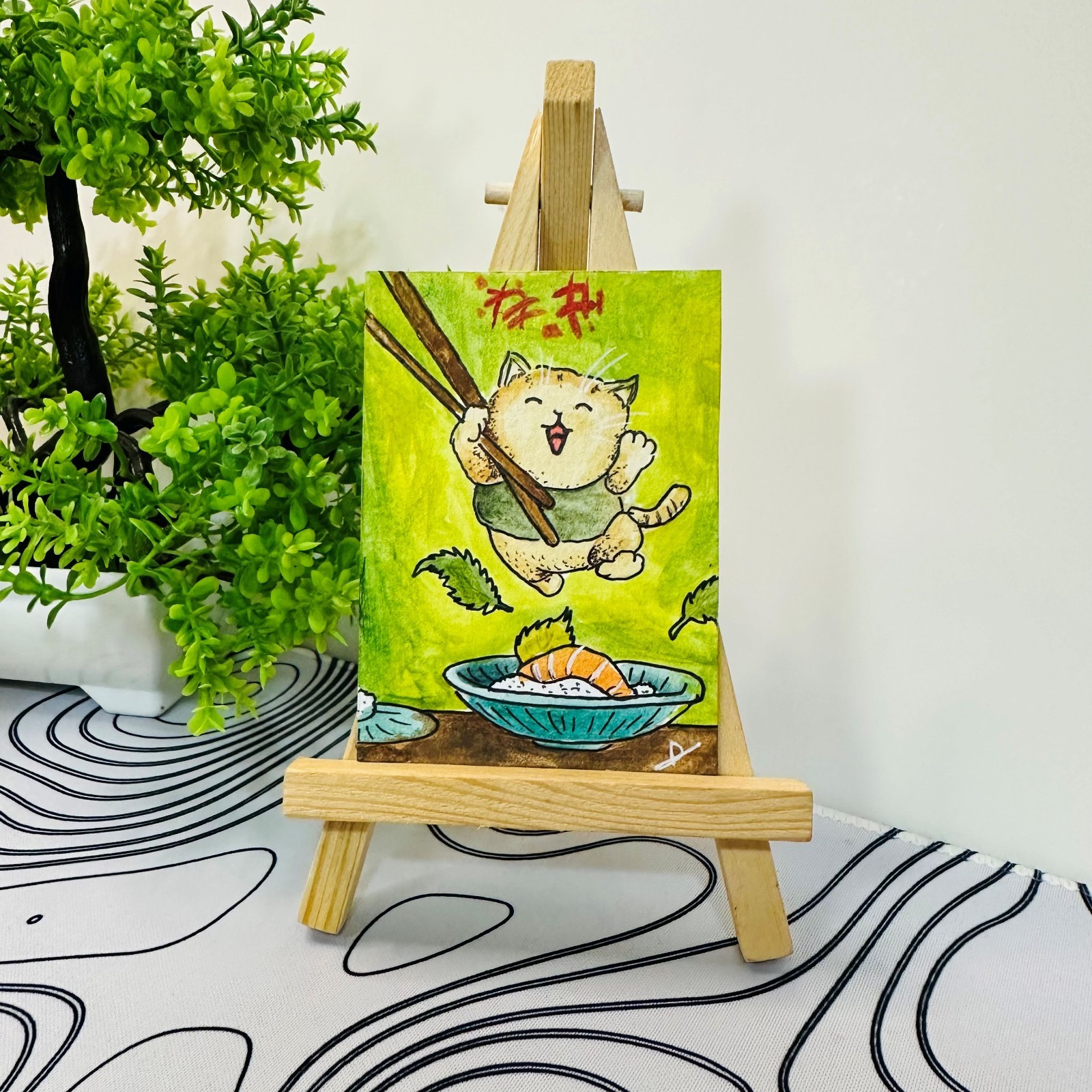 Sushi Cat Green ACEO Original Acrylic Painting Kawaii Kitchen Food Fun Happy Art