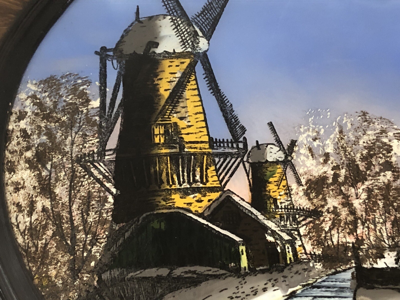 Antique Vintage Reverse Painted Glass Oval Wood Frame Windmill Dutch Holland