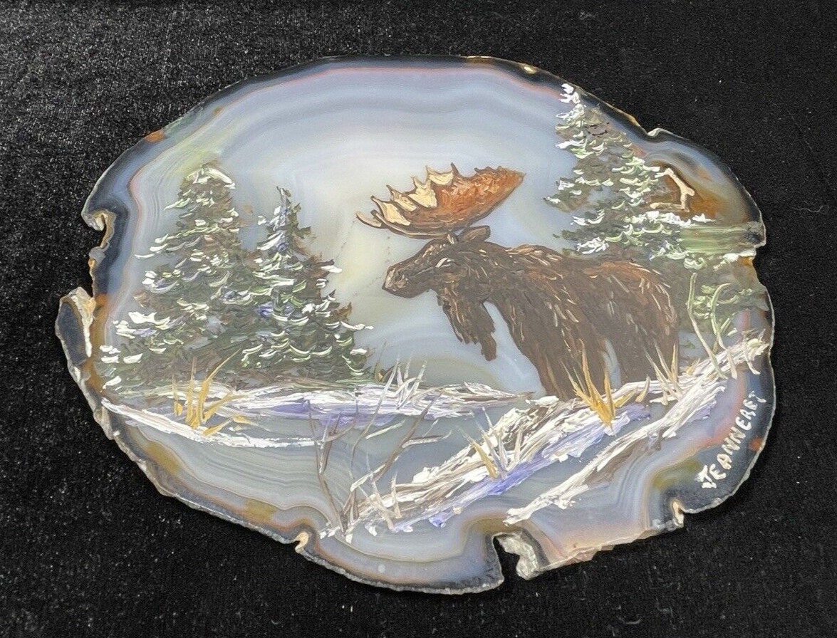 Vintage Jeanneret Hand Painted Winter Landscape Moose 8.5 in Agate Slice Signed