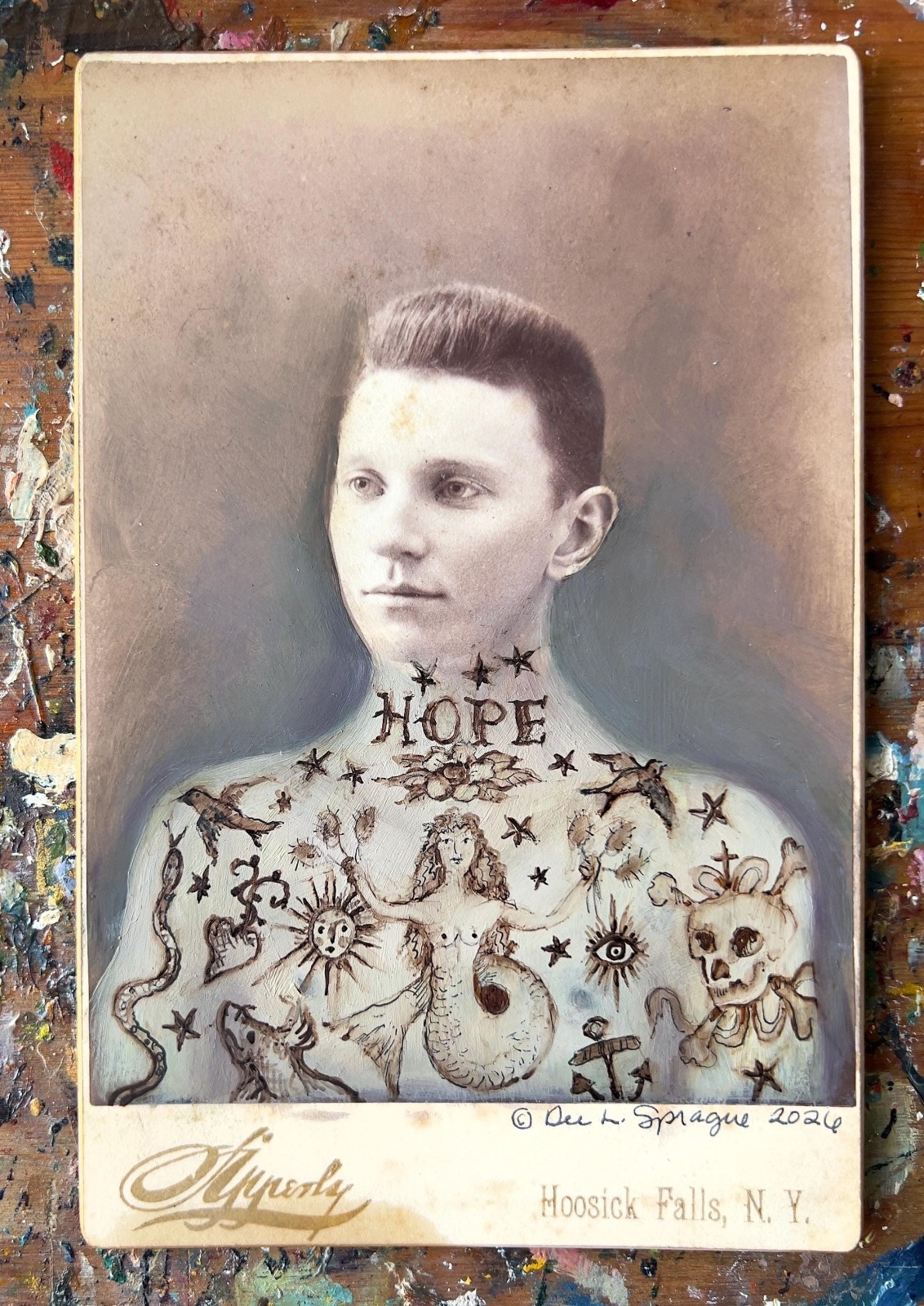 HOPE Tattooed Sailor Altered Art Victorian Cabinet Card Photo Painting D Sprague