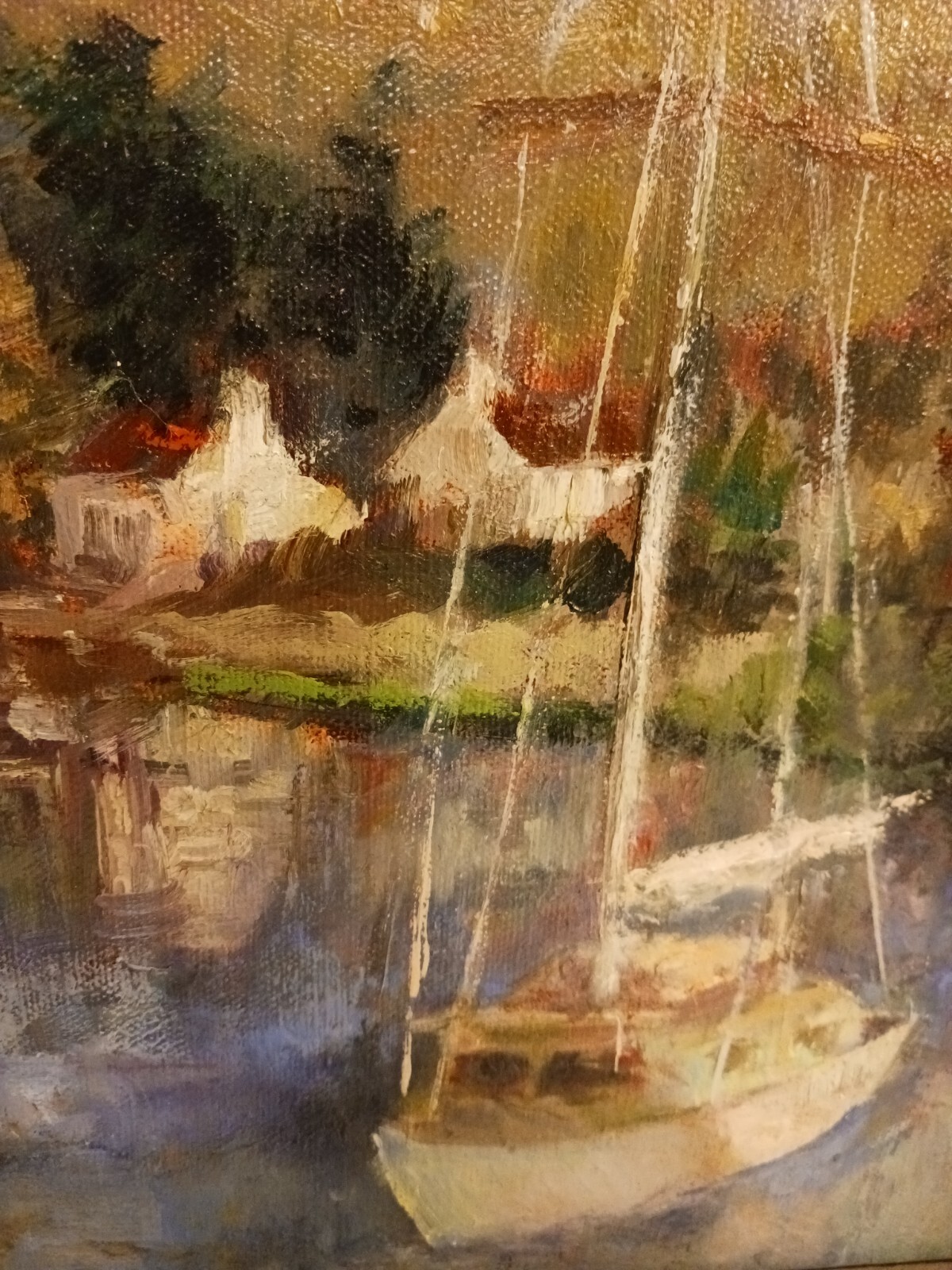 Vintage sailboat painting ,impressionism gold gilt frame, signed initials l.r.