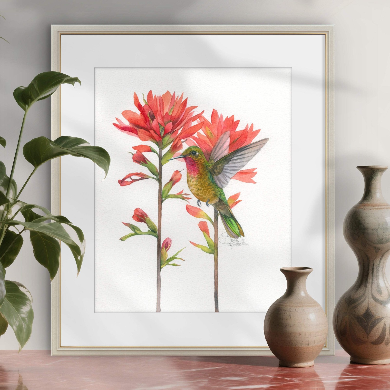 Original Watercolor Hummingbird and Red Flowers 8×10 Painting Unique Artwork