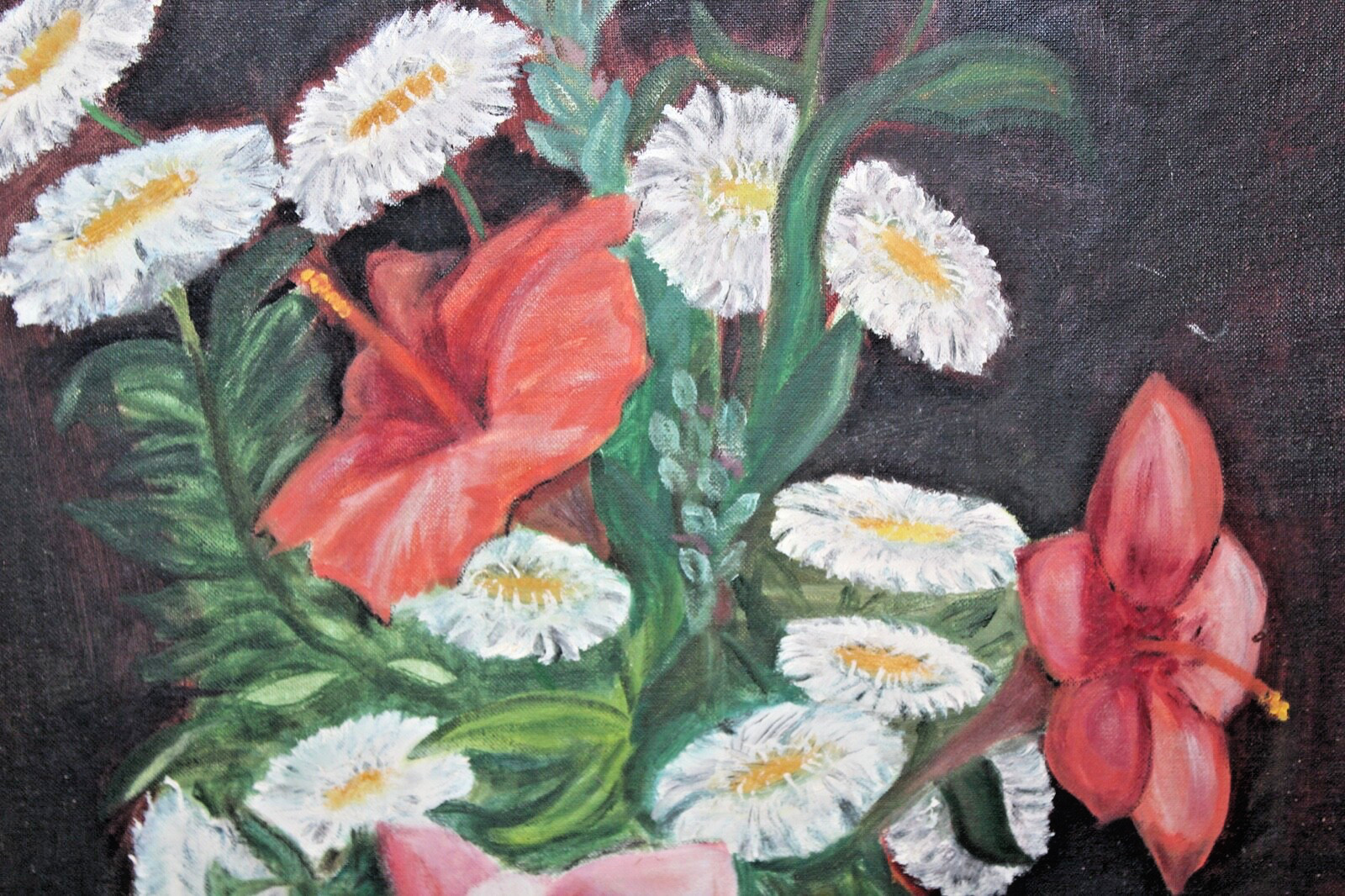 Vintage Flower Oil Painting Shabby Chic Colorful Flowers In Vase Framed
