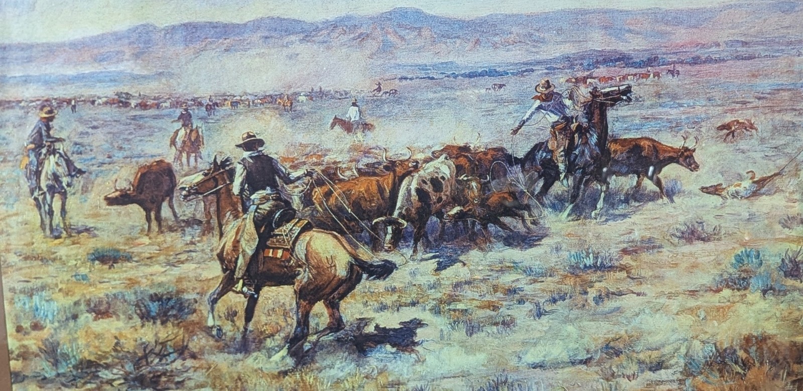 Charles Marion Russell Roundup Giclee Ptint 22.5″x39.5″ Framed & Matted Glass