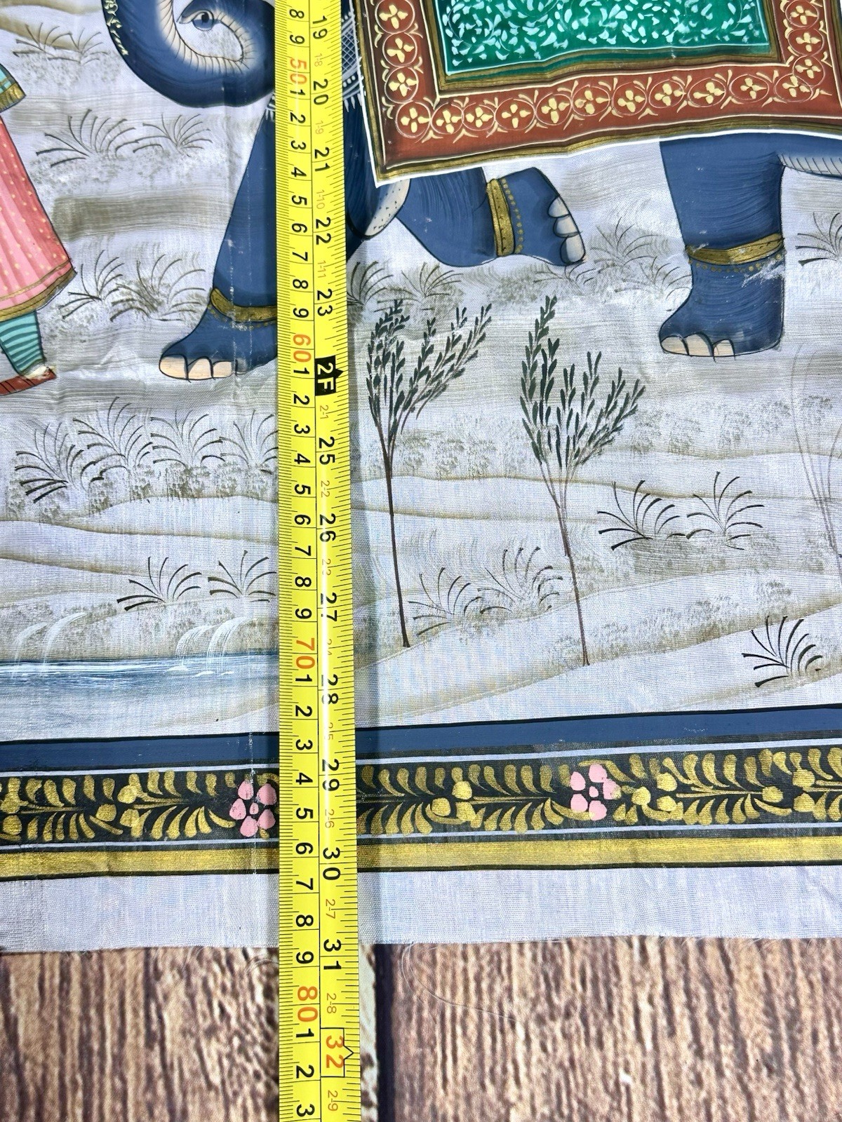 Large Vintage Indian Silk Painting: Royal Procession with Elephant 31×41