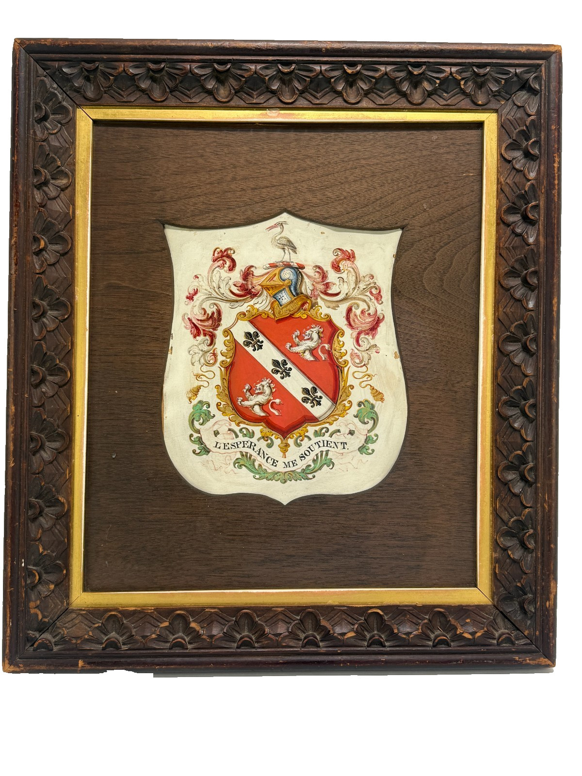 Heraldic Shield Painting on Vellum, Motto “L’Espérance Me Soutient,” 19th C