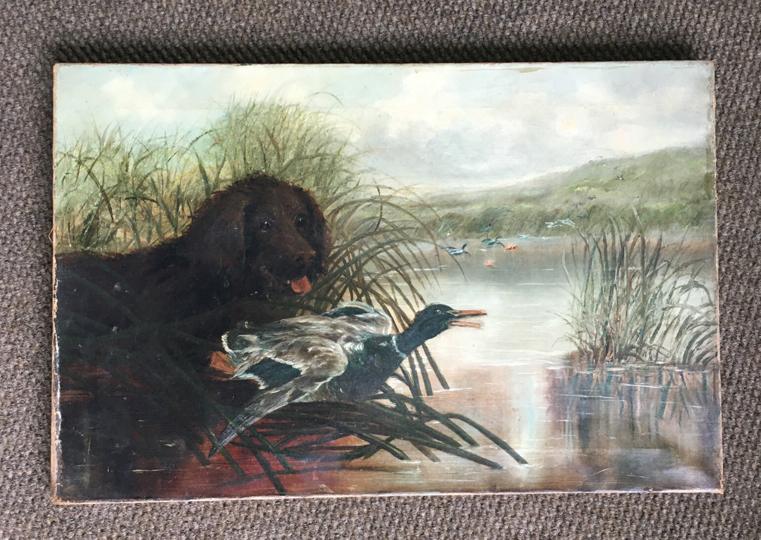 Antique Oil/Canvas Painting Dog retrieving Mallard Duck~Marsh~Decoy Hunting