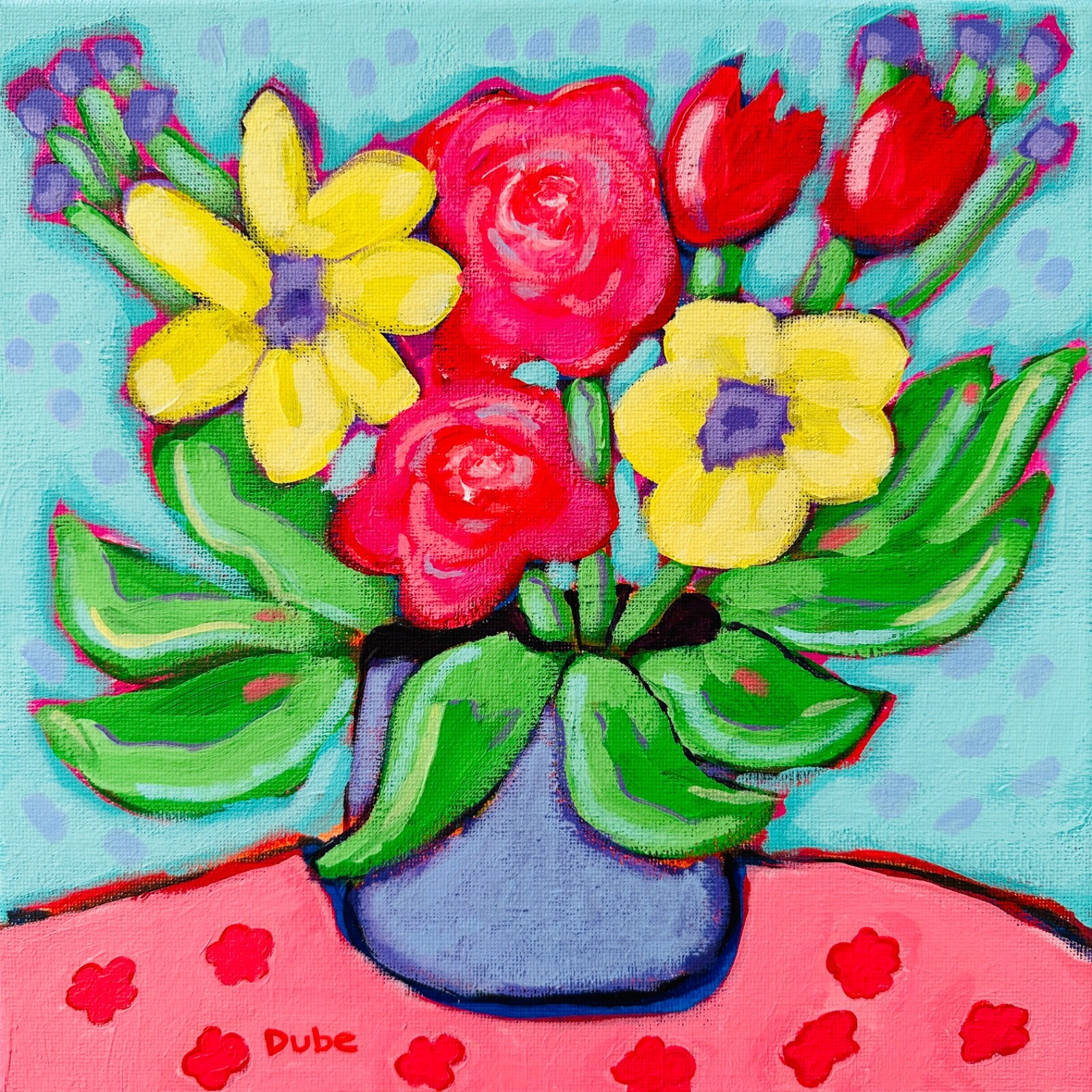 Original Whimsical Floral Painting Acrylic Small 10×10″ Whimsical Canvas J. DUBE