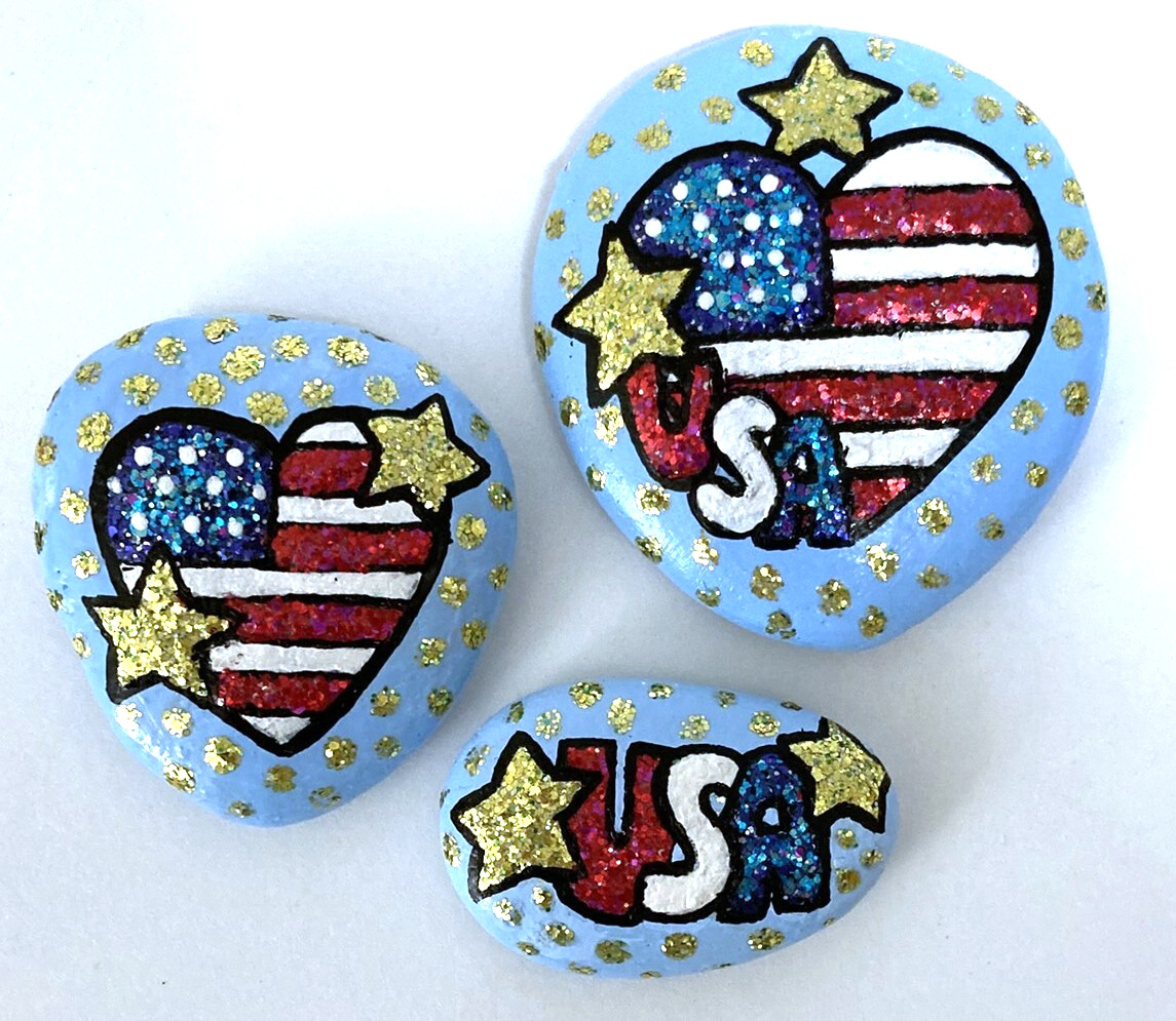Sparkly Glitter USA Heart Flag Hand Painted Rocks Set of 3 Patriotic America