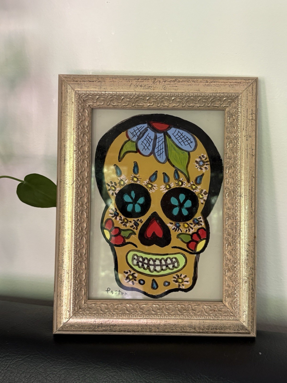 Vibrant Lori Pastor Reverse Glass Sugar Skull Painting 9” x 7” Gold Frame