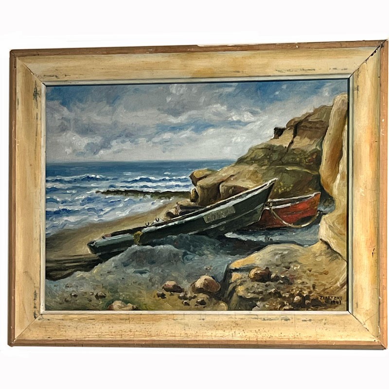 Frederick Zeretzke 1919-2009 Milwaukee, Wisconsin Oil On Board Beach Row Boats