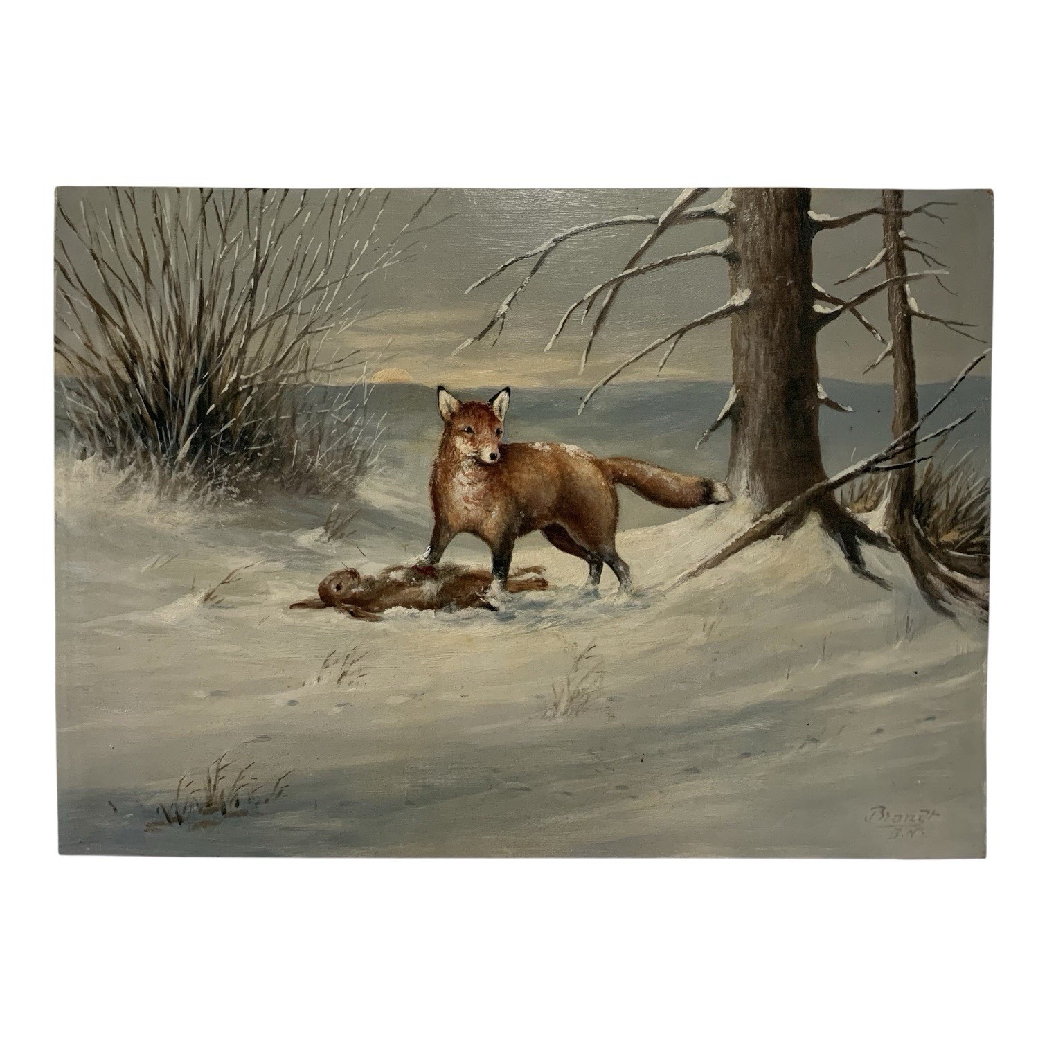 Brandt Oil Painting On Masonite Board Fox Hunting Rabbit Vintage