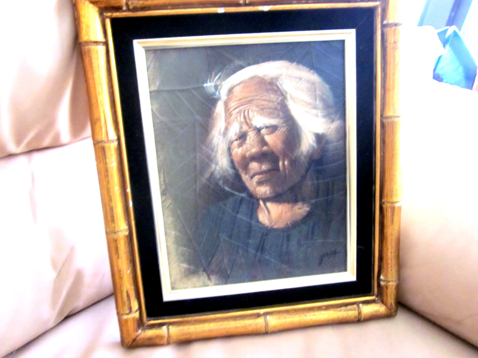 Original Art Oil Painting on Tobacco Leaves, Signed Gris Thailand, Elderly woman