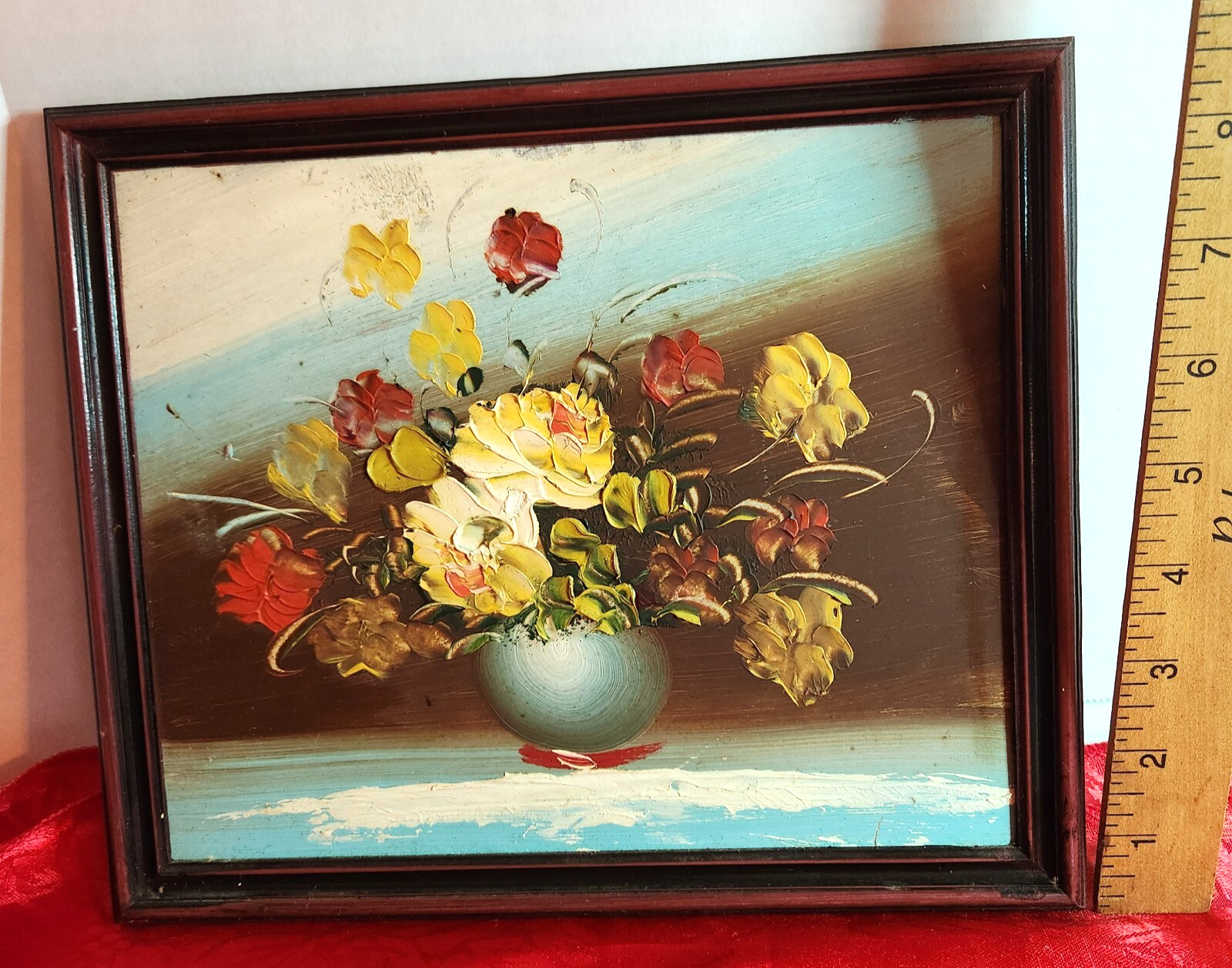 painting-flowers 9 x 10, hand painted? beautiful colors, in plastic frame