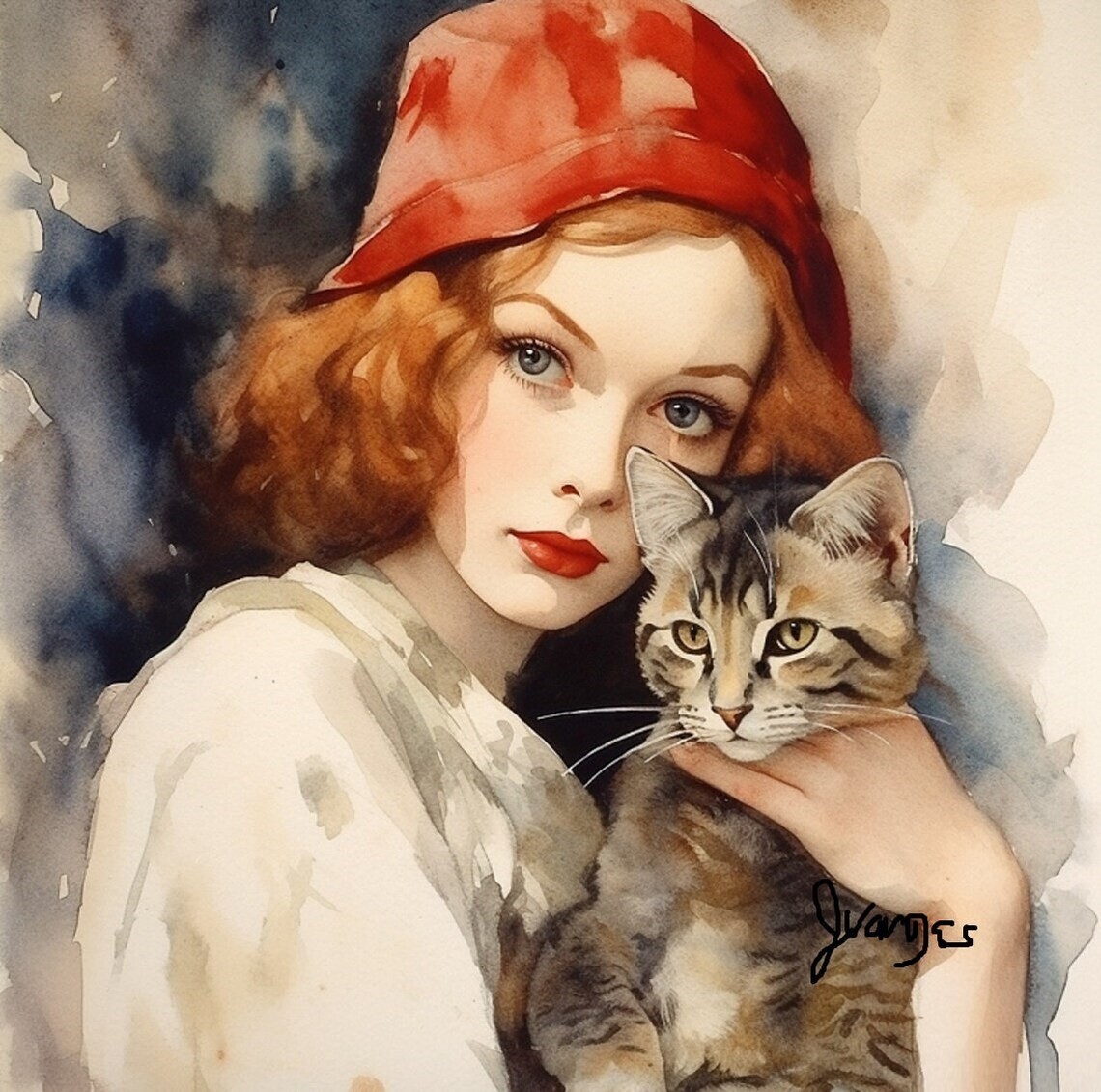 Watercolor Cat Painting Art Print 1920s style 8.5×11 inch INCLUDES 11X14 MATTING