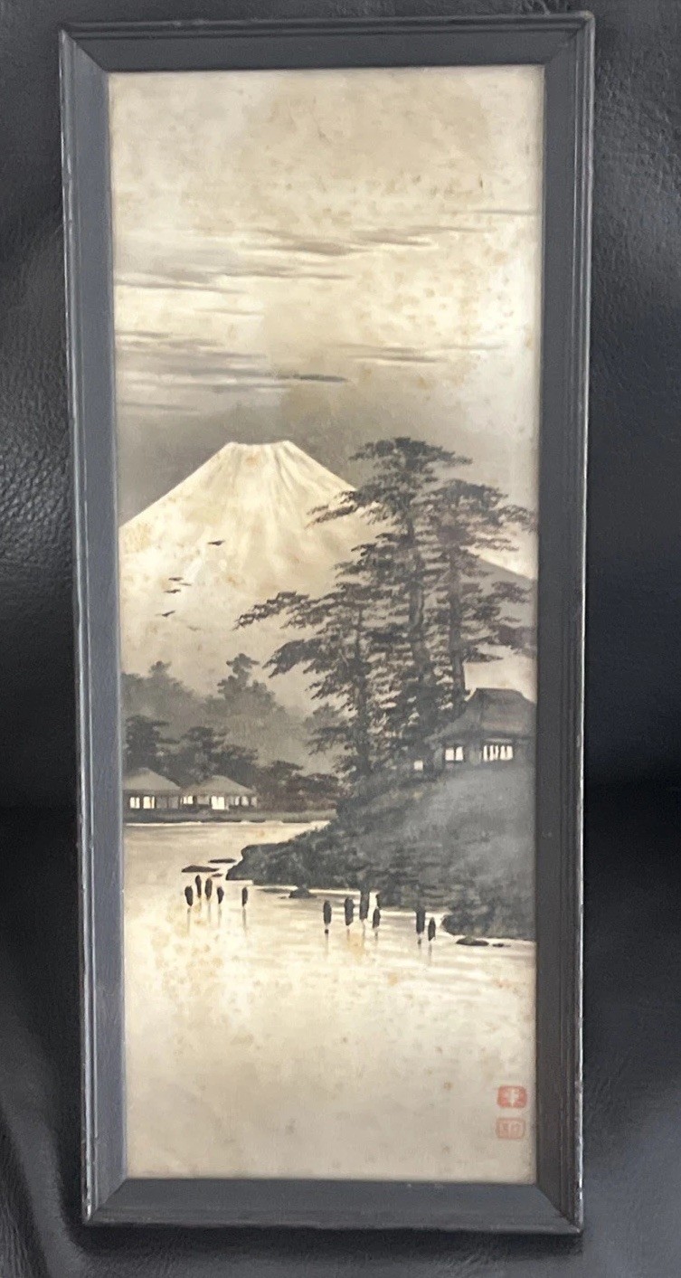 ANTIQUE Art Japanese Riverscape Watercolor Painting Mt Fuji Original Artwork