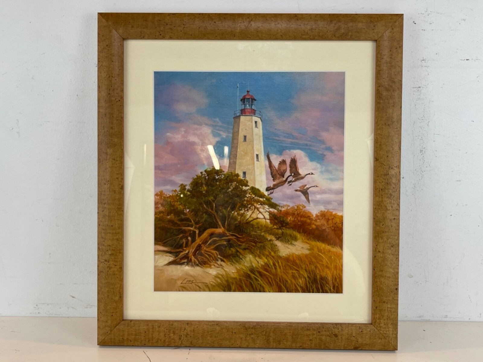 Vintage Sandy Hook New Jersey Lighthouse Framed Painting Signed Lynn
