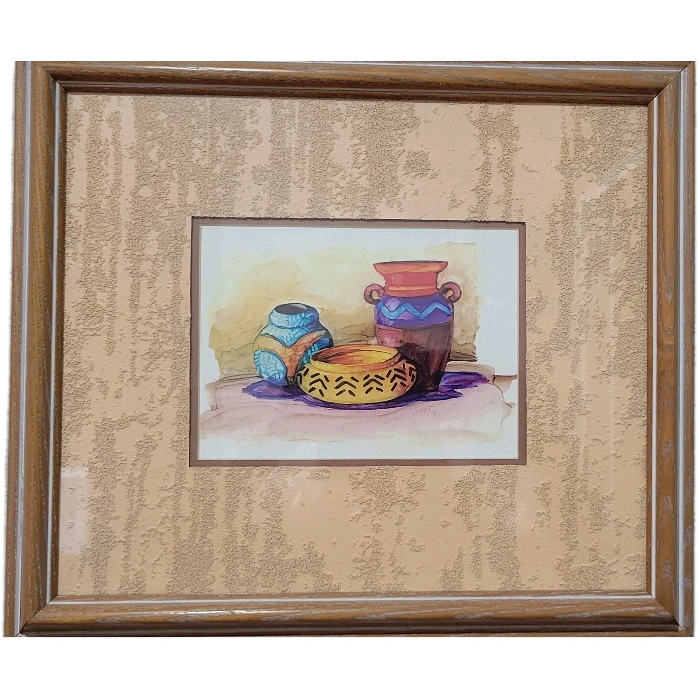 Wall Art Hand Painting Southwest Framed Clay Pots 14X16 Desert Moon #59194