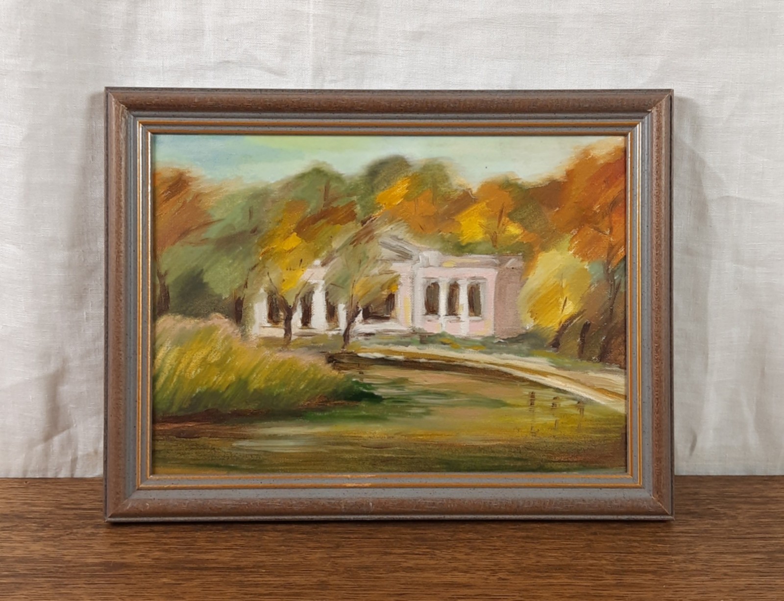 Autumn in the Park, Oil Landscape with Classical Pavilion and Golden Trees