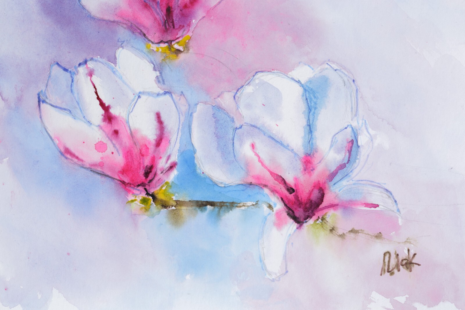 Magnolia Painting Pink Flower Original Watercolor Japanese Painting Sakura Wall