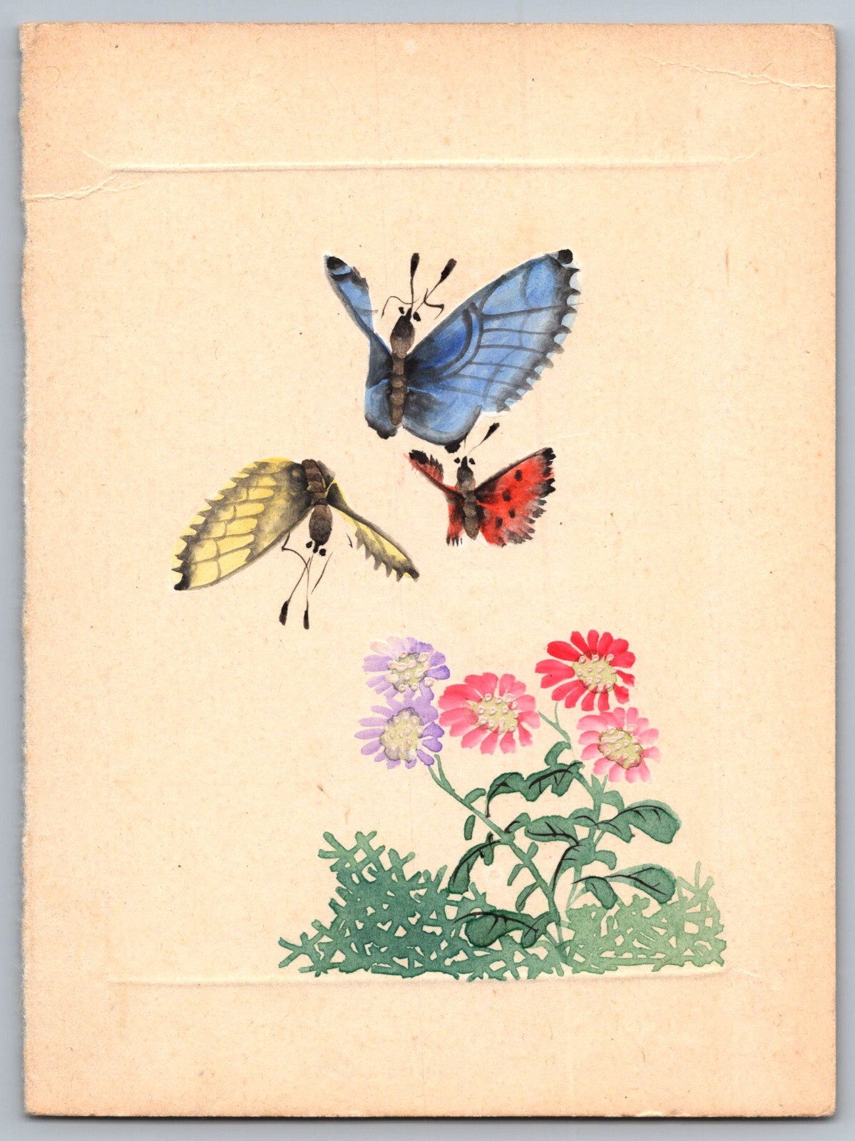 VTG Hand Painted Chinese Water Color Butterflies & Flowers «5×4» on Paper D7