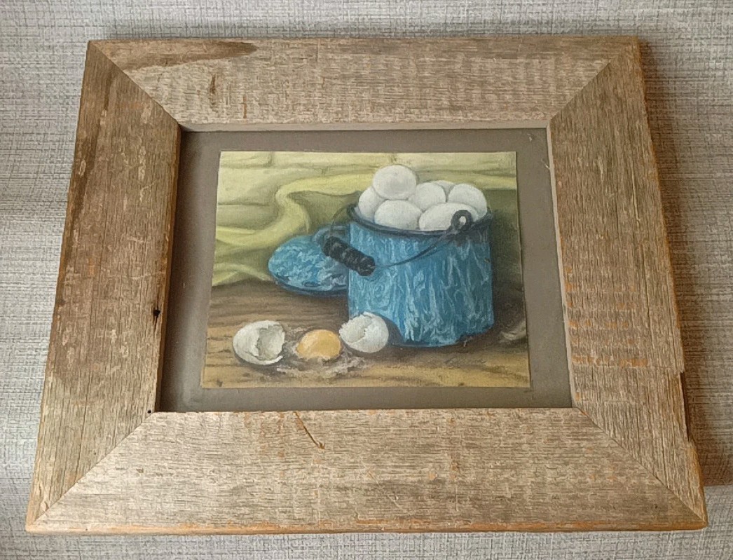 Antique Eggs in Blue Pot Primitive Still Life Folk Art Oil 11X14″ OOAK signed