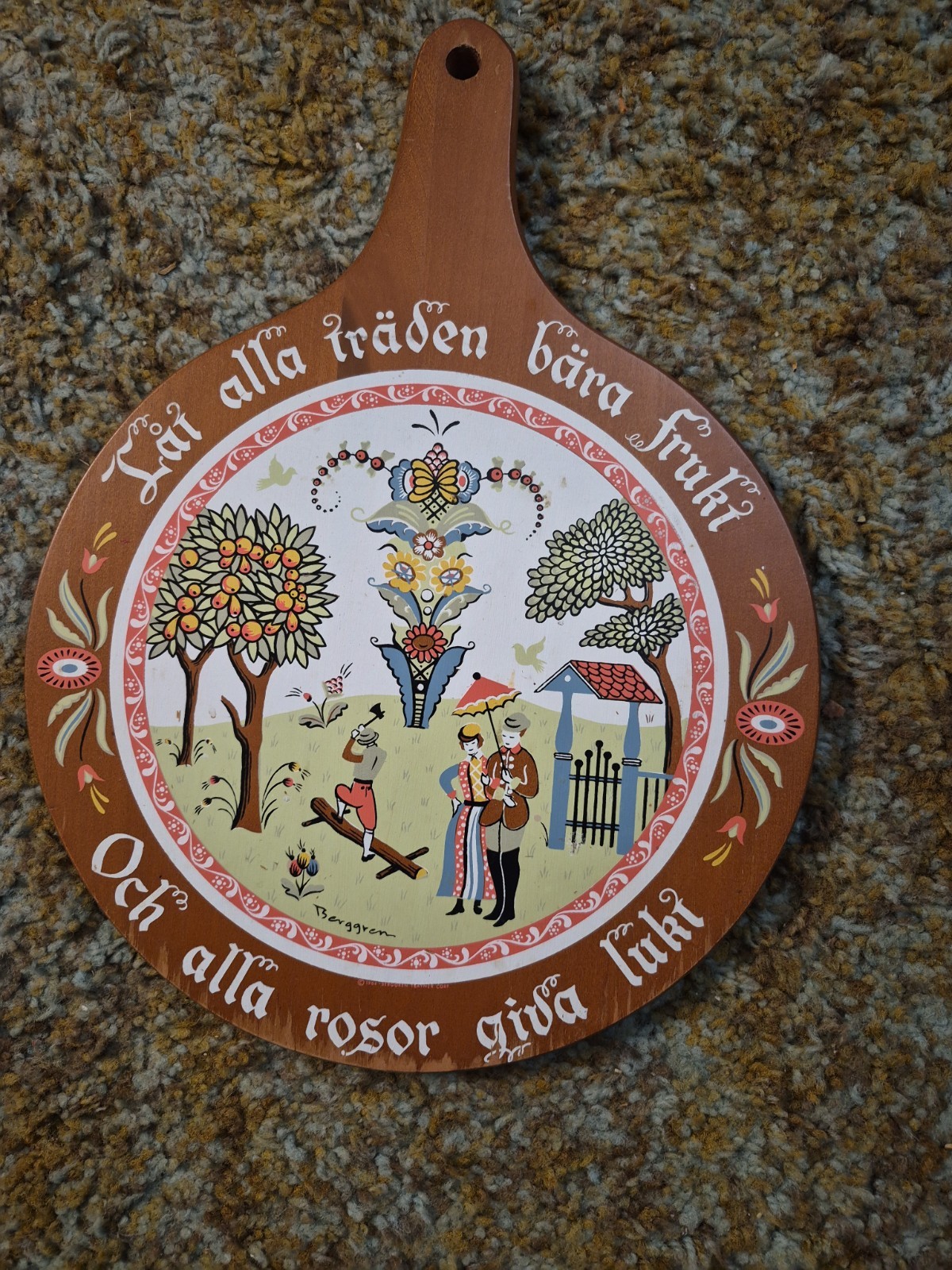 Vintage Berggren Wood Wall Art Decor Cutting Board Scandinavian 15 Inches Long