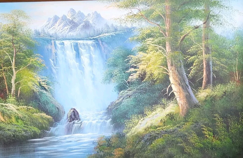 24×36 Oil Painting BOB ROSS STYLE Mountain Waterfall Forest on Stretched Canvas