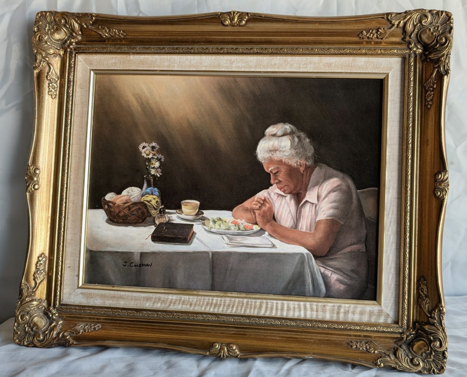 J. Coleman Vintage LITHOGRAPH ON CANVAS OF A WOMAN PRAYING